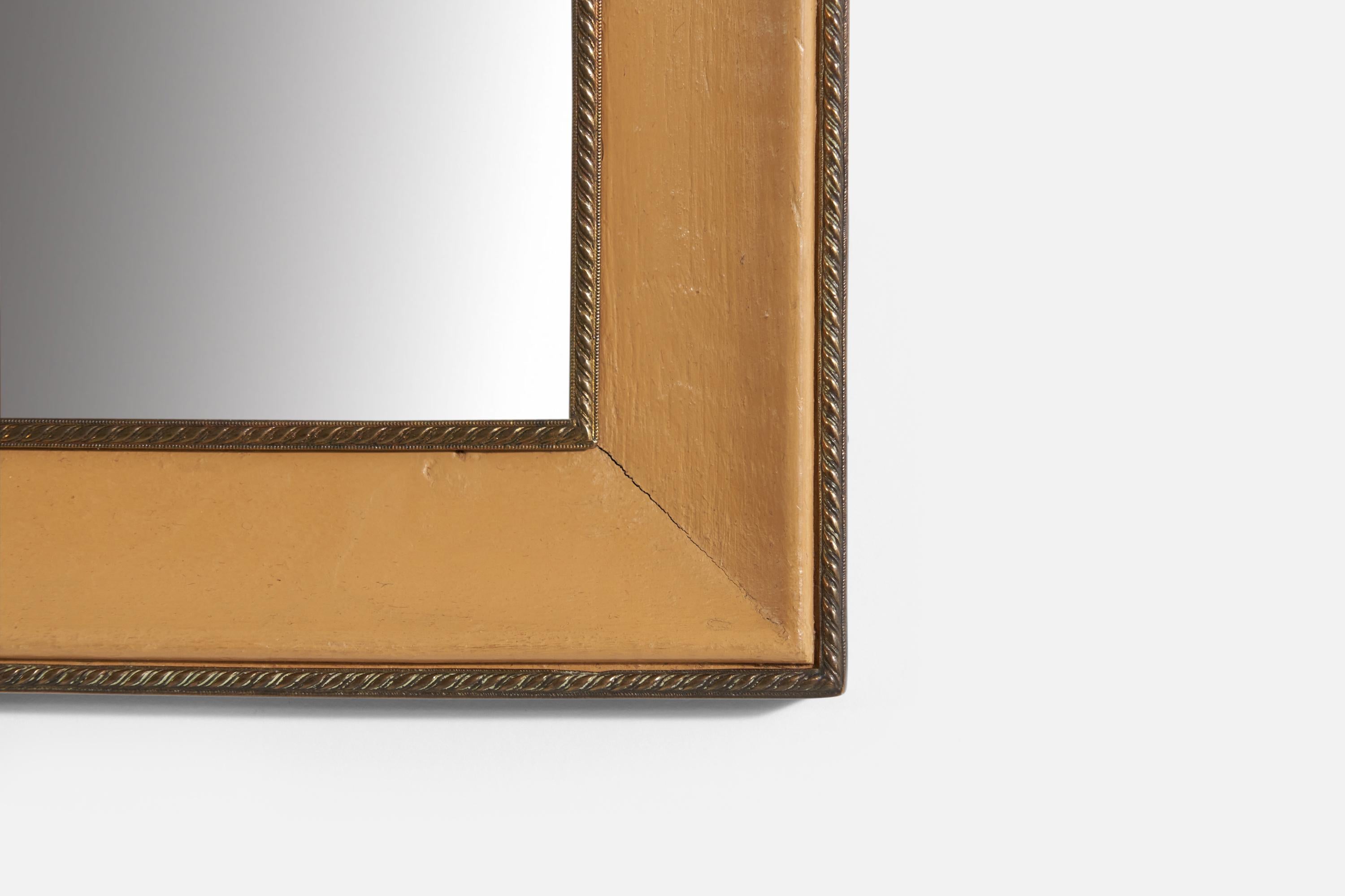 Italian Designer, Pair of Wall Mirrors, Leather, Brass, Mirror, Italy, 1940s For Sale 1