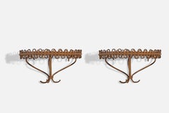 Italian Designer, Pair of Wall-Mounted Consoles, Bamboo, Rattan, 1960s