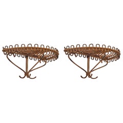 Vintage Italian Designer, Pair of Wall-Mounted Consoles, Bamboo, Rattan, 1960s