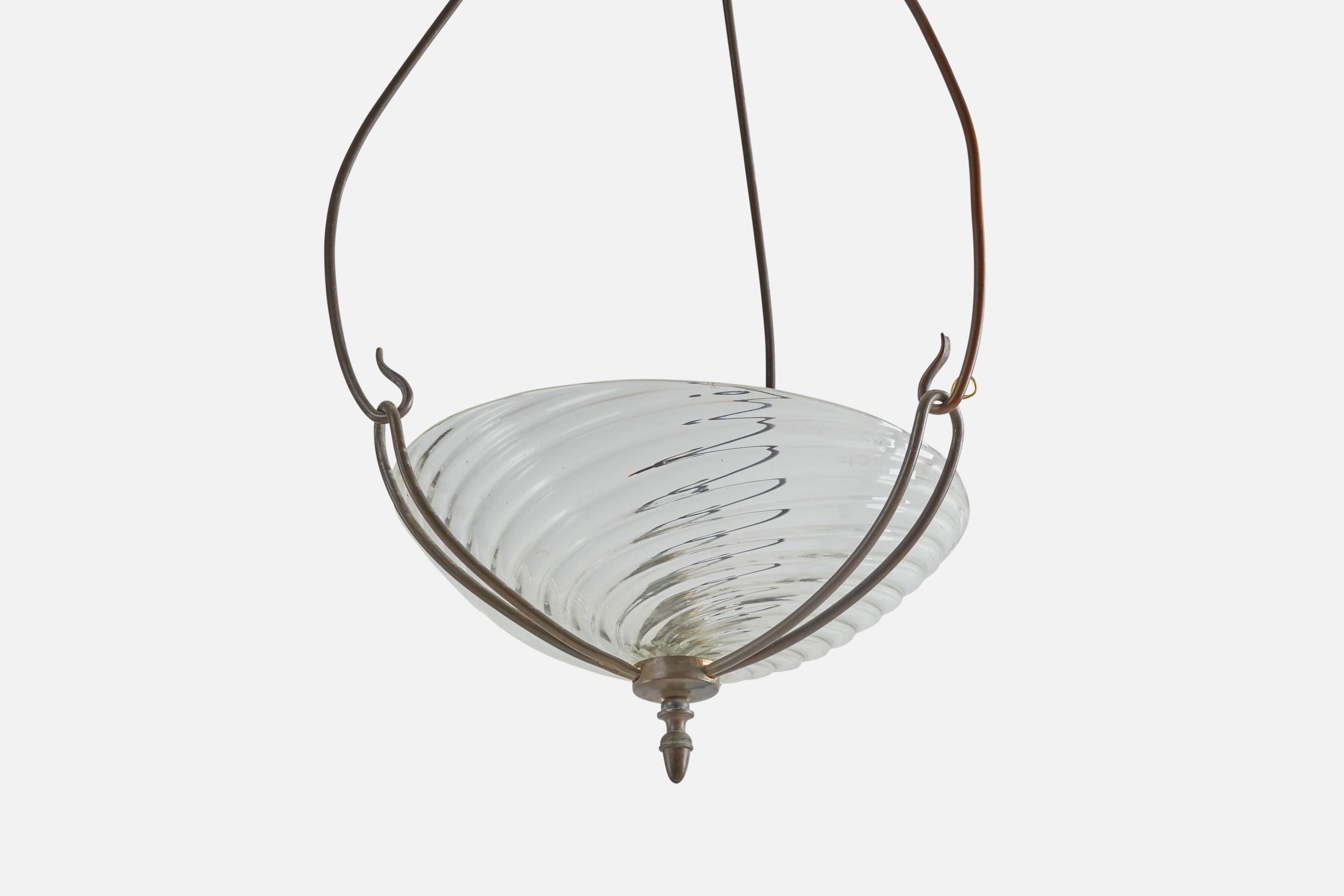 Modern Italian Designer, Pendant, Brass, Cast Iron, Murano Glass, Italy, 1930s For Sale