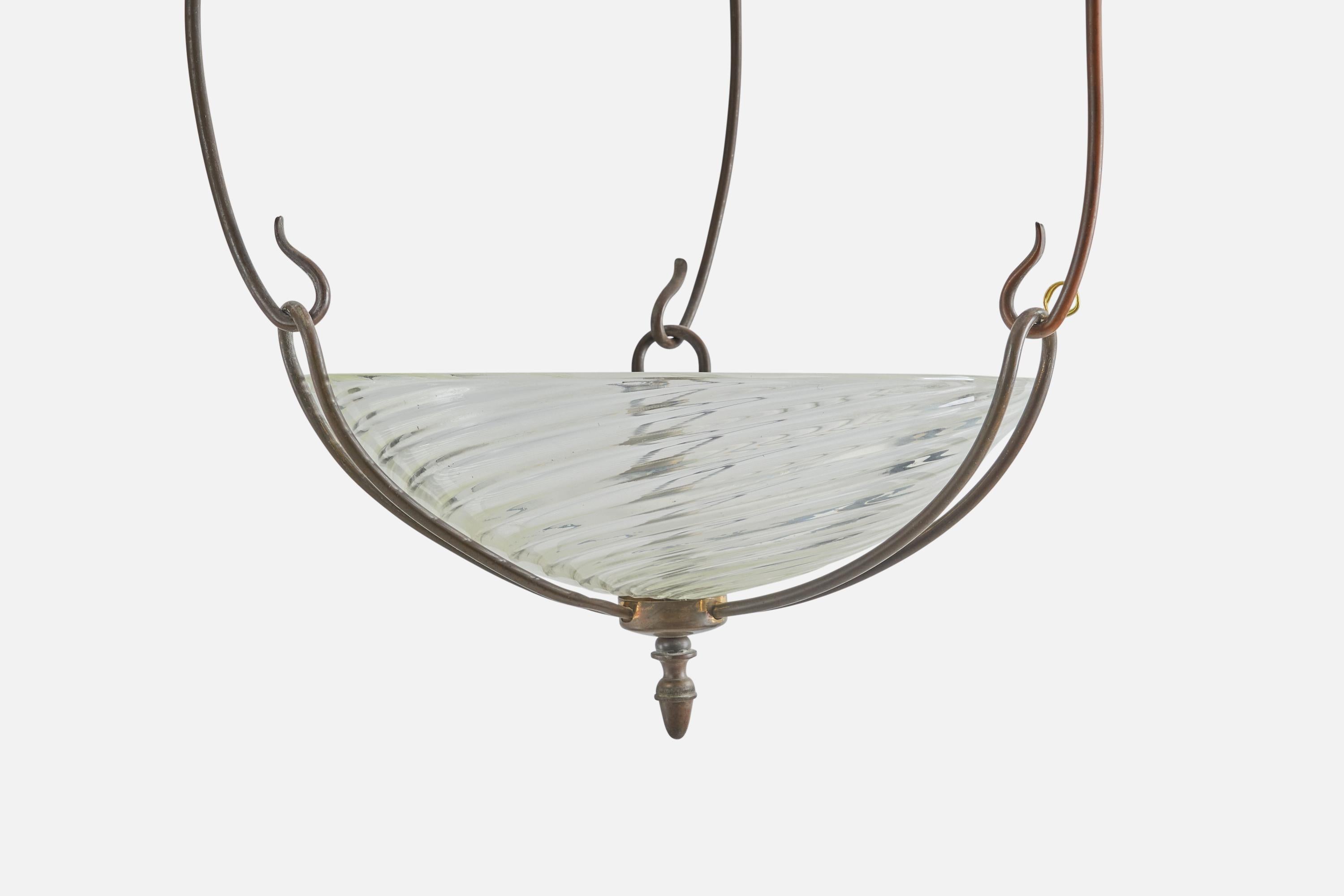 Mid-20th Century Italian Designer, Pendant, Brass, Cast Iron, Murano Glass, Italy, 1930s For Sale