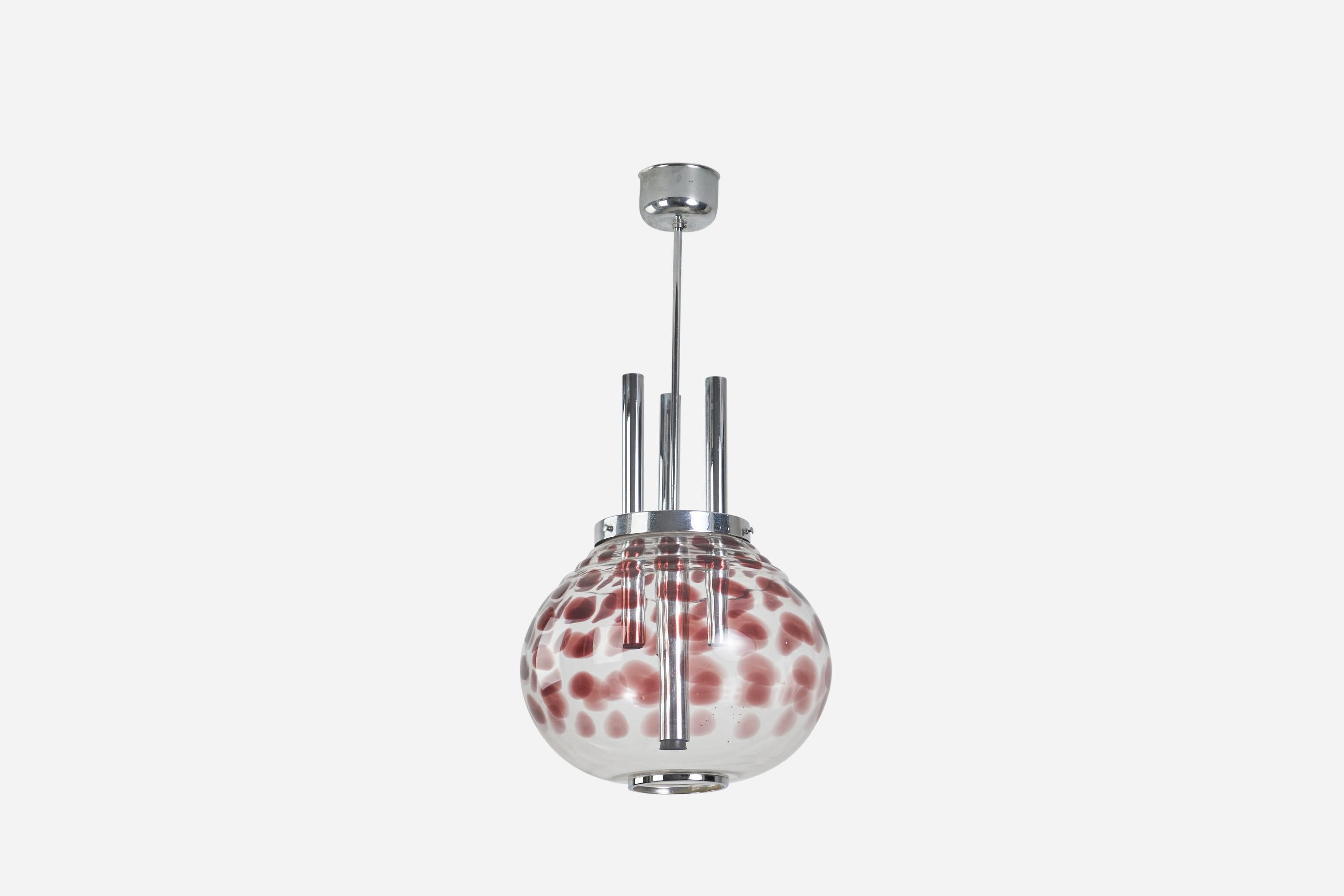 A glass and chrome metal pendant light designed and produced in Italy, 1950s. 

Sockets take standard E-26 medium base and E-14 bulbs. 

There is no maximum wattage stated on the fixture.

Dimensions of canopy (inches) : 2.95 x 4.81 x 4.81