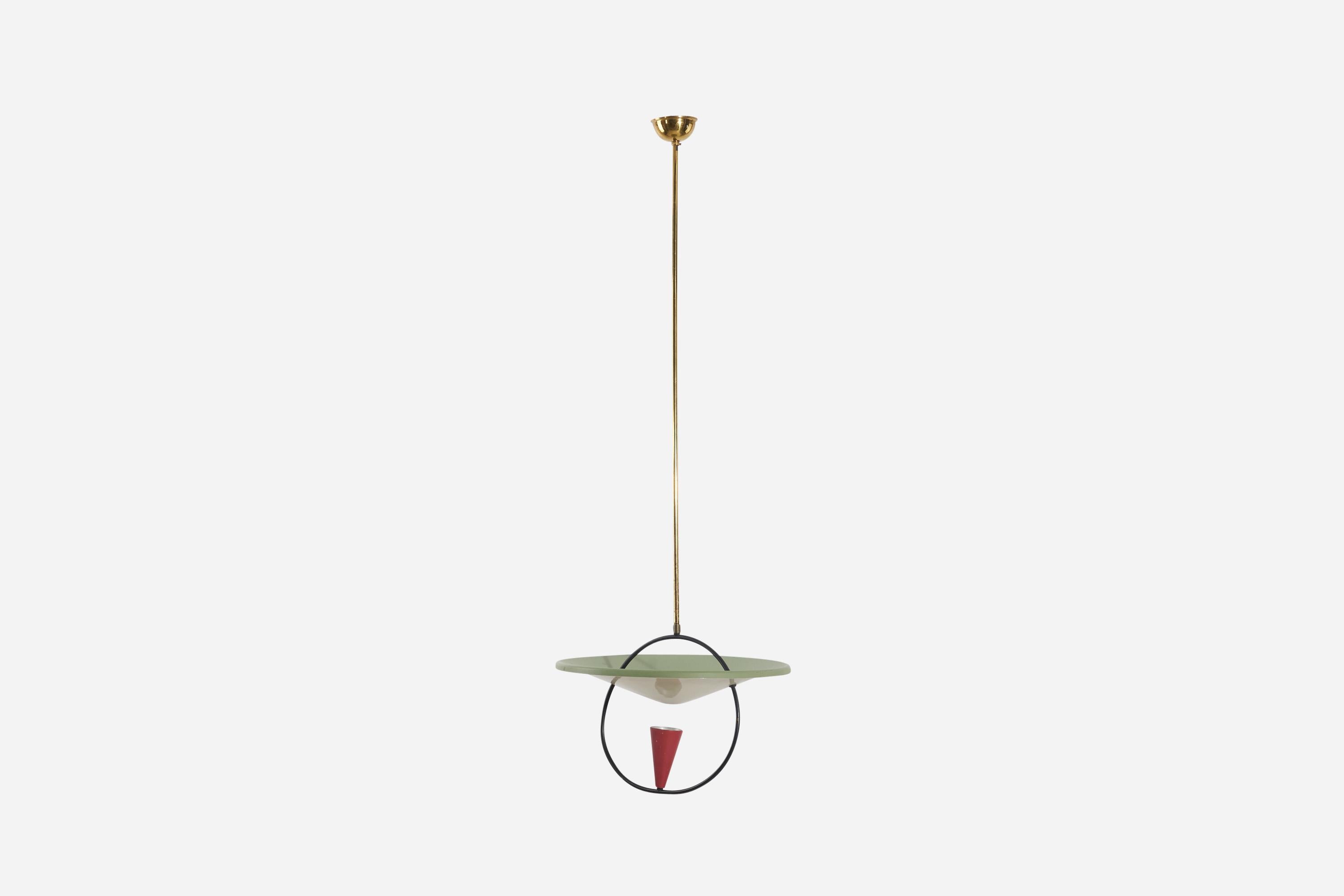 A brass and red, black and green-lacquered metal pendant light designed and produced by an Italian designer, Italy, 1960s.

Dimensions of Canopy (inches) : 1.52 x 3.17 x 3.17 (height x width x depth).

Socket takes E-14 bulb.
There is no