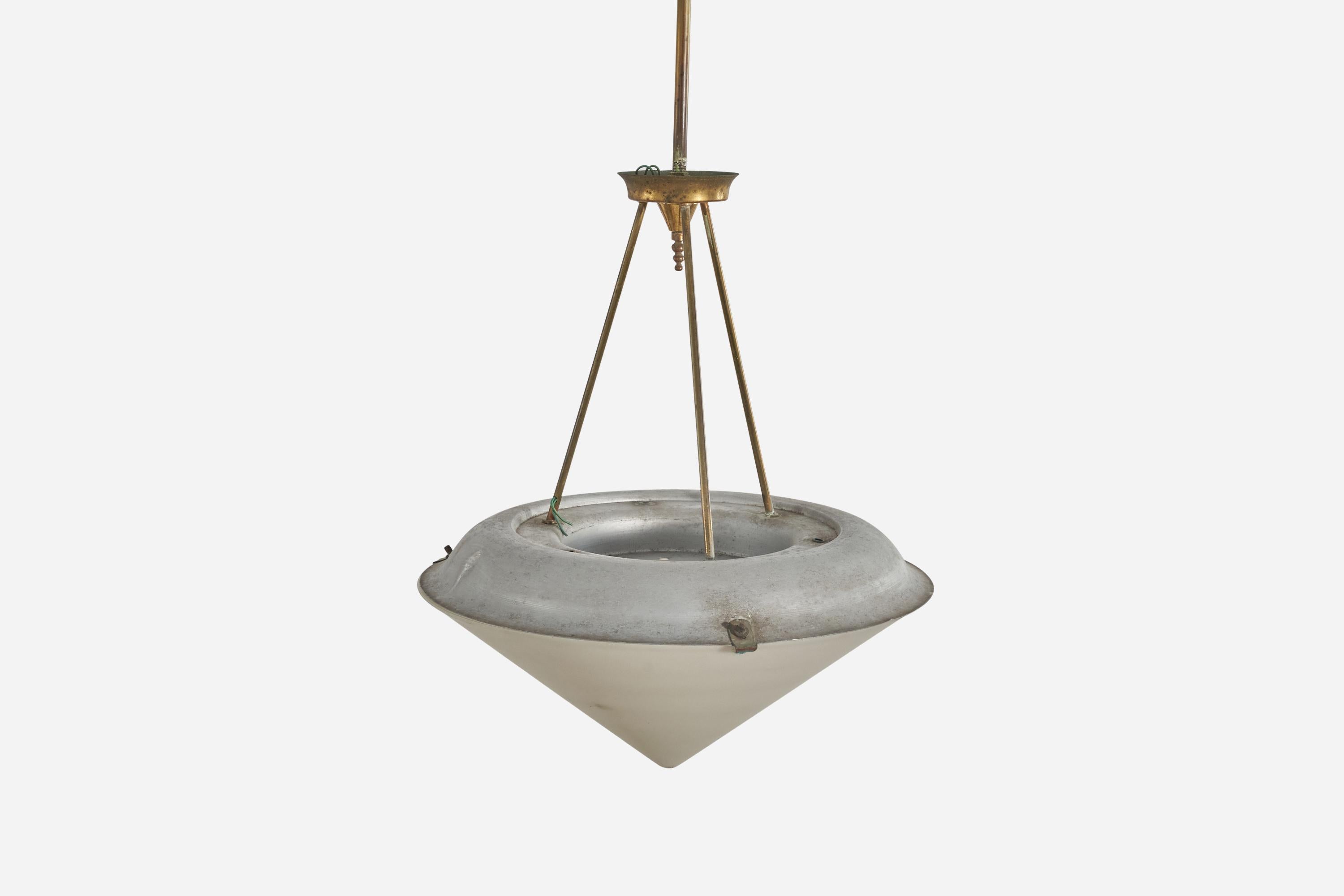 Italian Designer, Pendant Light, Brass, Galvanized Steel, Glass, Italy, 1940s In Good Condition In High Point, NC