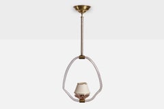 Italian Designer, Pendant Light, Brass, Glass, Fabric, Italy, 1970s