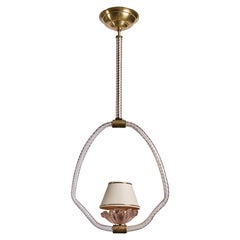 Italian Designer, Pendant Light, Brass, Glass, Fabric, Italy, 1970s