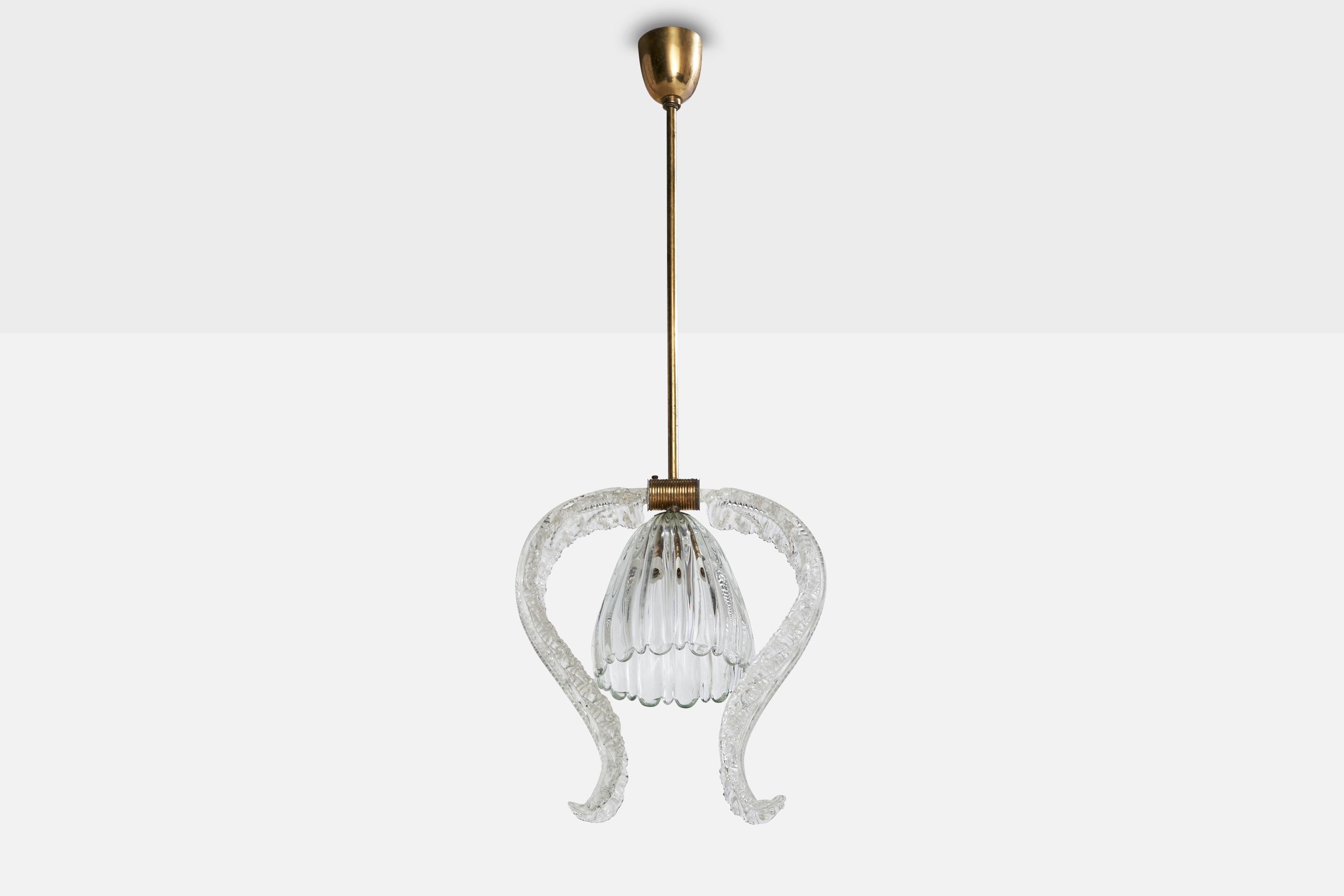 A brass and Murano glass pendant light designed and produced in Italy, c. 1930s.

Overall Dimensions (inches): 33” H x 11.5” W x 5.75” D

Dimensions of Canopy: 2.75” H x 2.625” Diameter

Stem length: 17” H

Bulb Specifications: E-26  

Number of