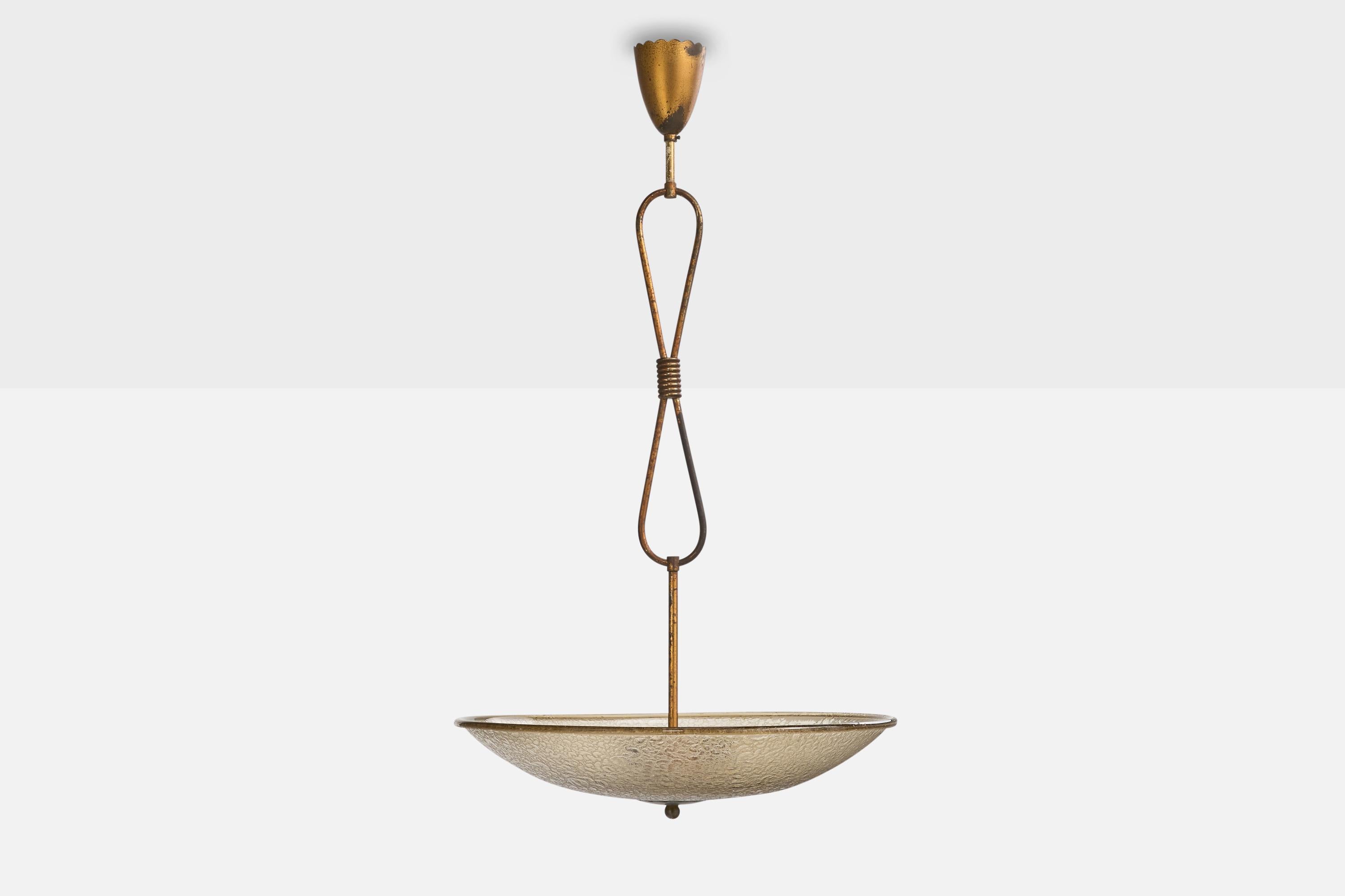 Italian Designer, Pendant Light, Brass, Glass, Italy, 1930s In Fair Condition In High Point, NC