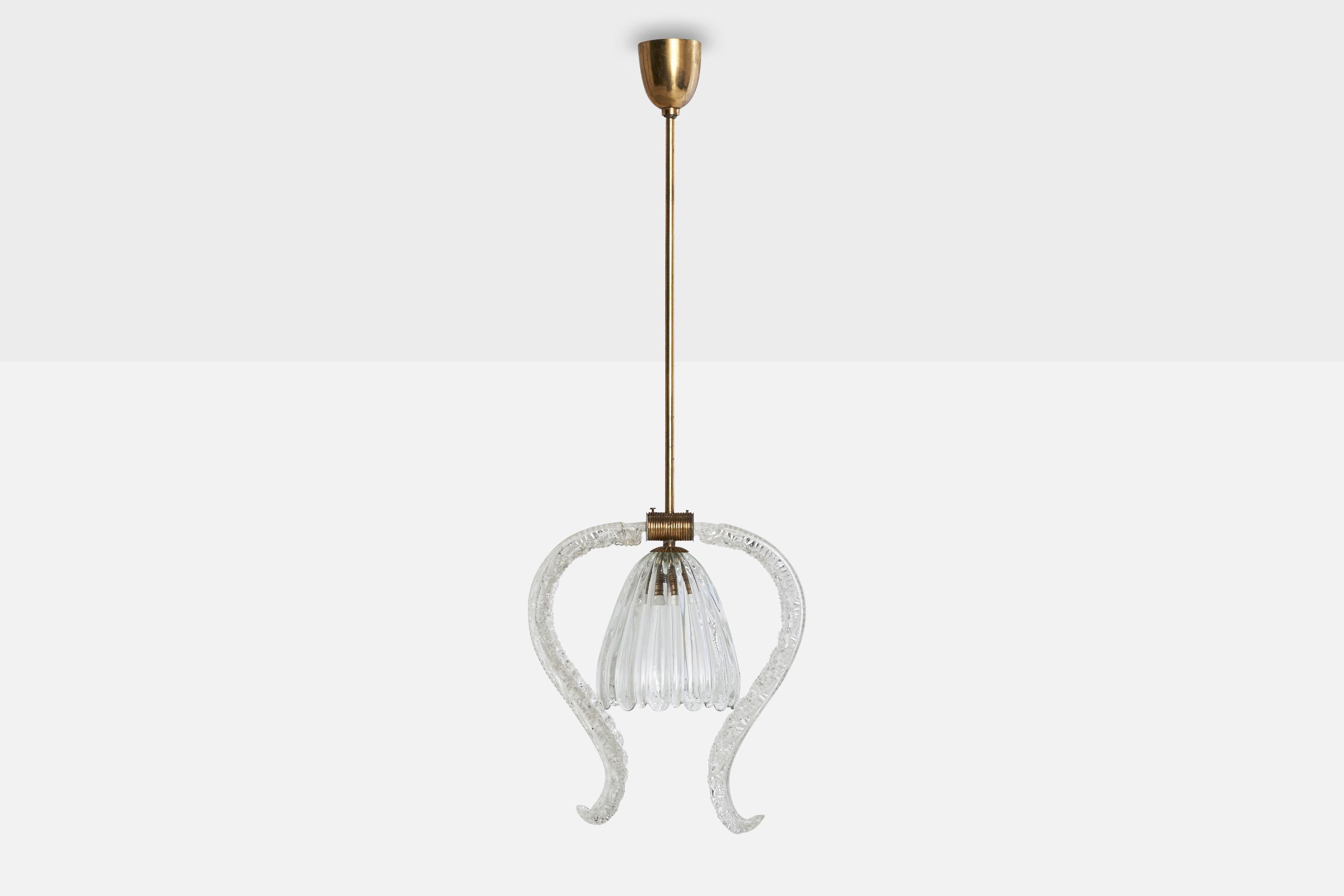 Mid-20th Century Italian Designer, Pendant Light, Brass, Glass, Italy, 1930s For Sale