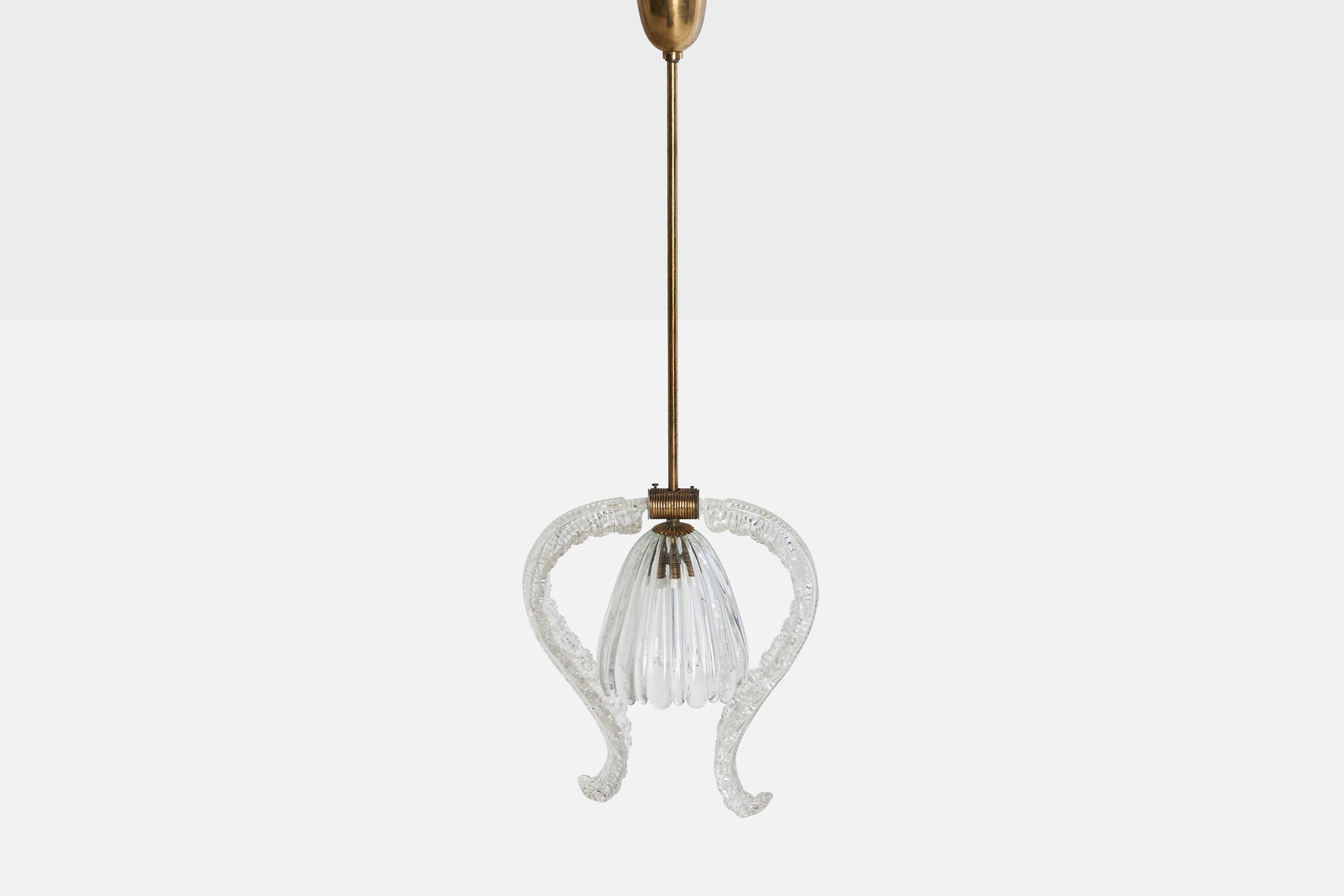 Italian Designer, Pendant Light, Brass, Glass, Italy, 1930s For Sale 1