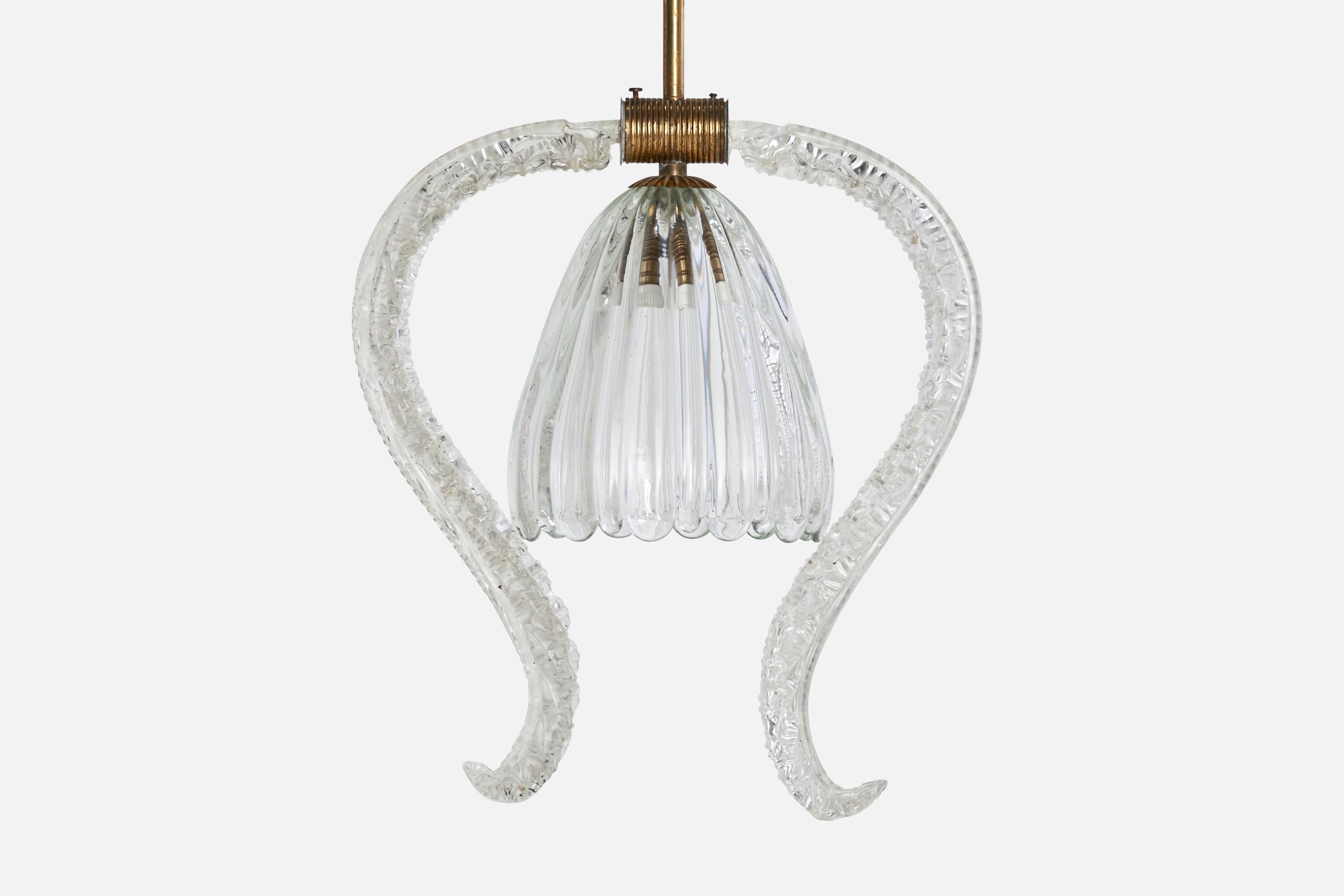 Italian Designer, Pendant Light, Brass, Glass, Italy, 1930s For Sale 2