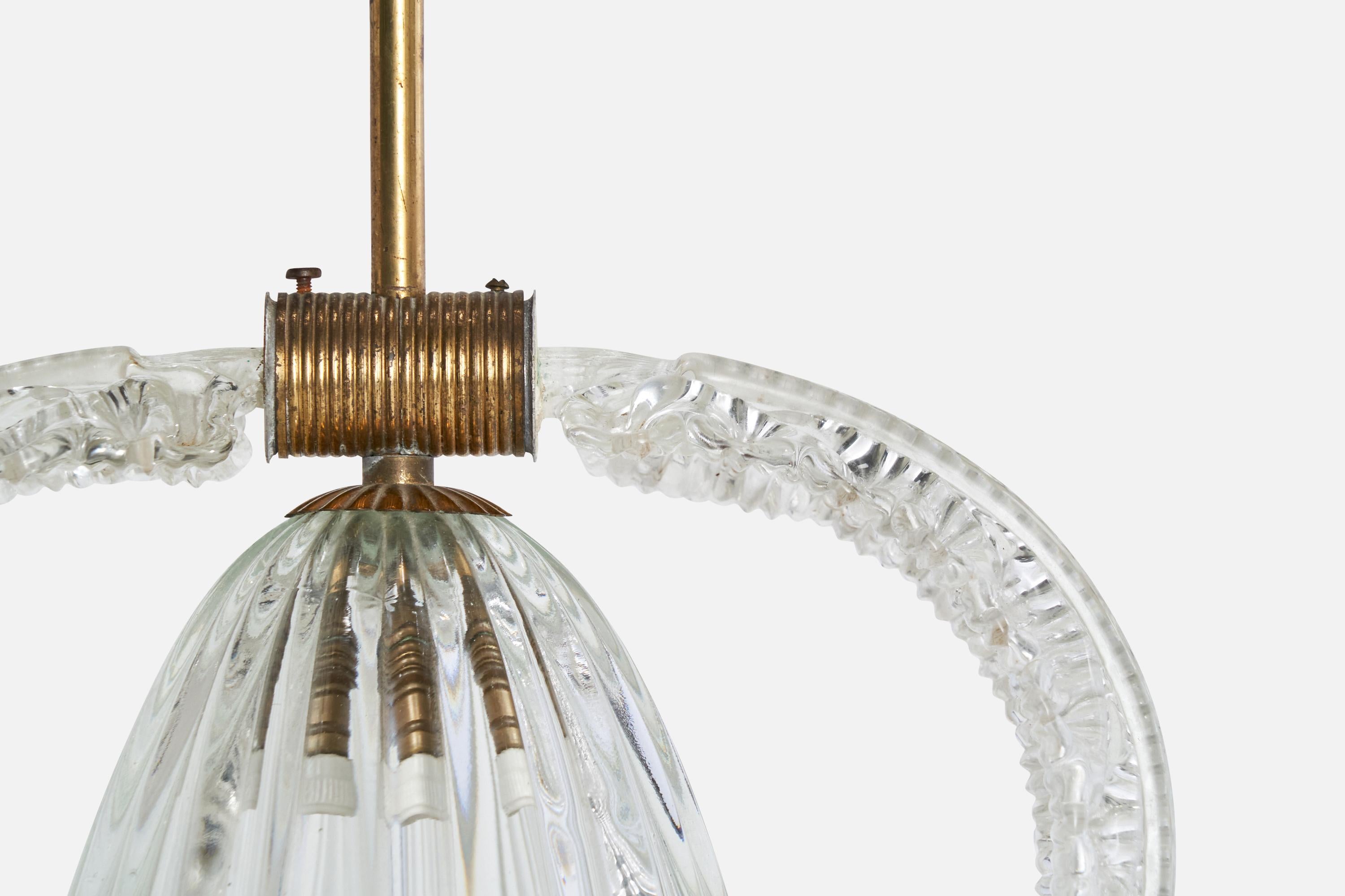 Italian Designer, Pendant Light, Brass, Glass, Italy, 1930s For Sale 4
