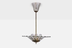 Italian Designer, Pendant Light, Brass, Glass, Italy, 1940s