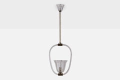 Italian Designer, Pendant Light, Brass, Glass, Italy, 1940s