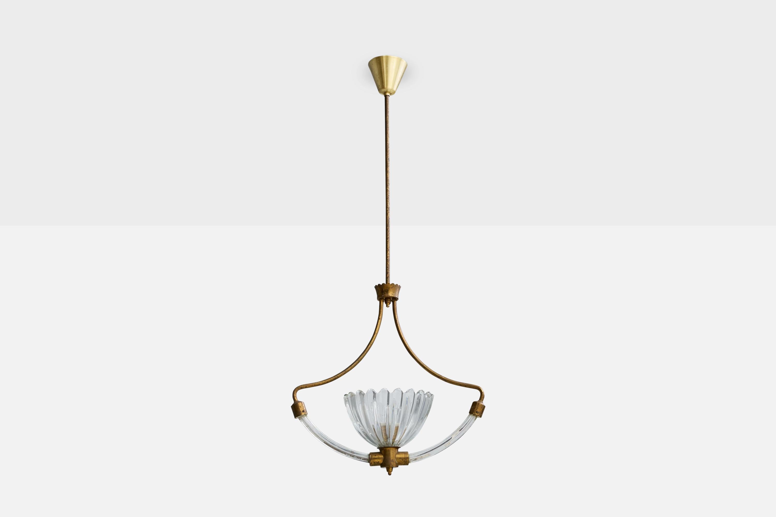 A brass and Murano glass pendant light designed and produced in Italy, c. 1940s.

Overall Dimensions (inches): 39.0