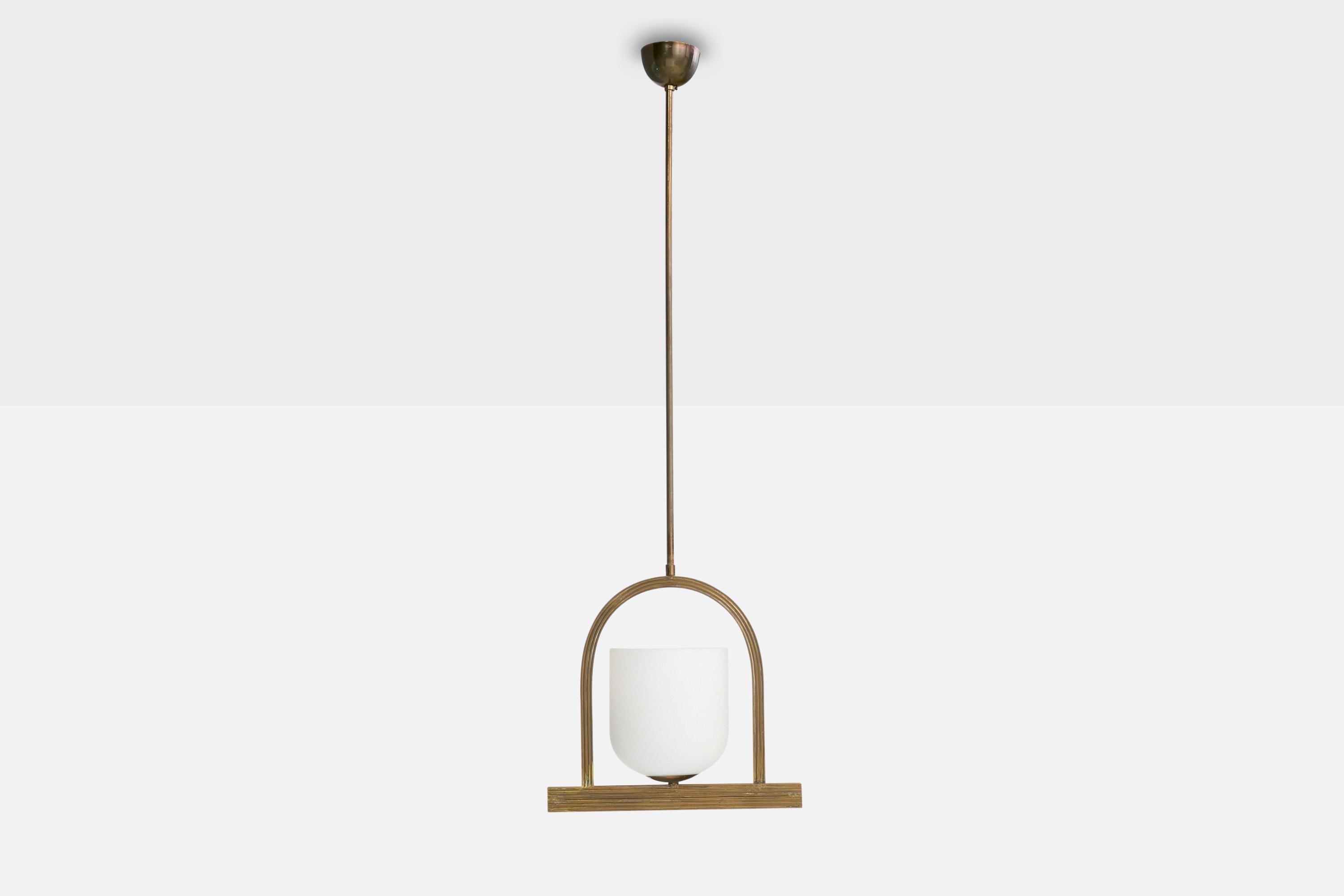 Italian Designer, Pendant Light, Brass, Glass, Italy, 1940s In Good Condition For Sale In High Point, NC