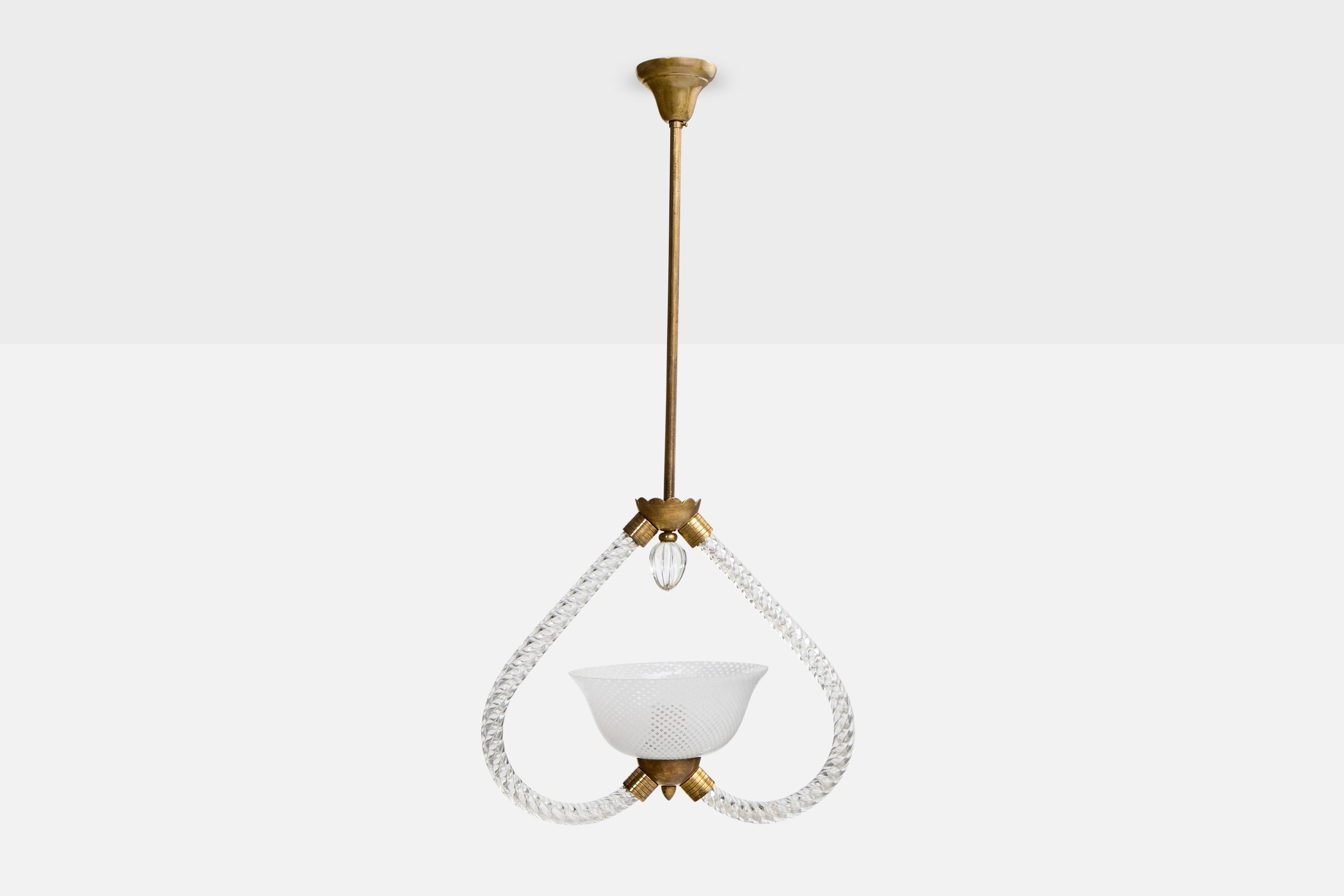 Italiano Designer italiano, lampada a sospensione, ottone, vetro, Italia, anni '40 in vendita