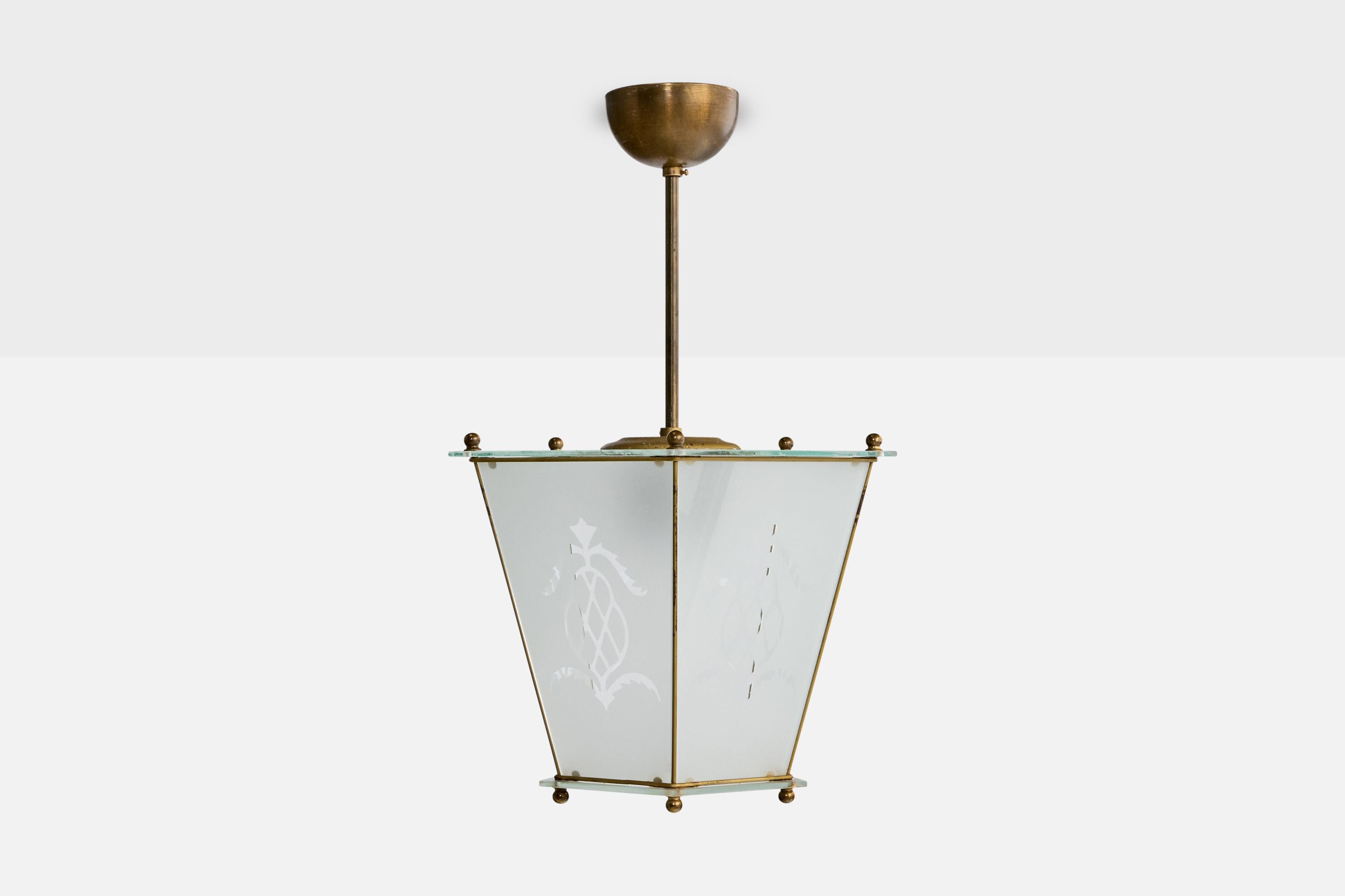 Lampe à suspension italienne, laiton, verre, Italie, années 1940 Bon état - En vente à High Point, NC