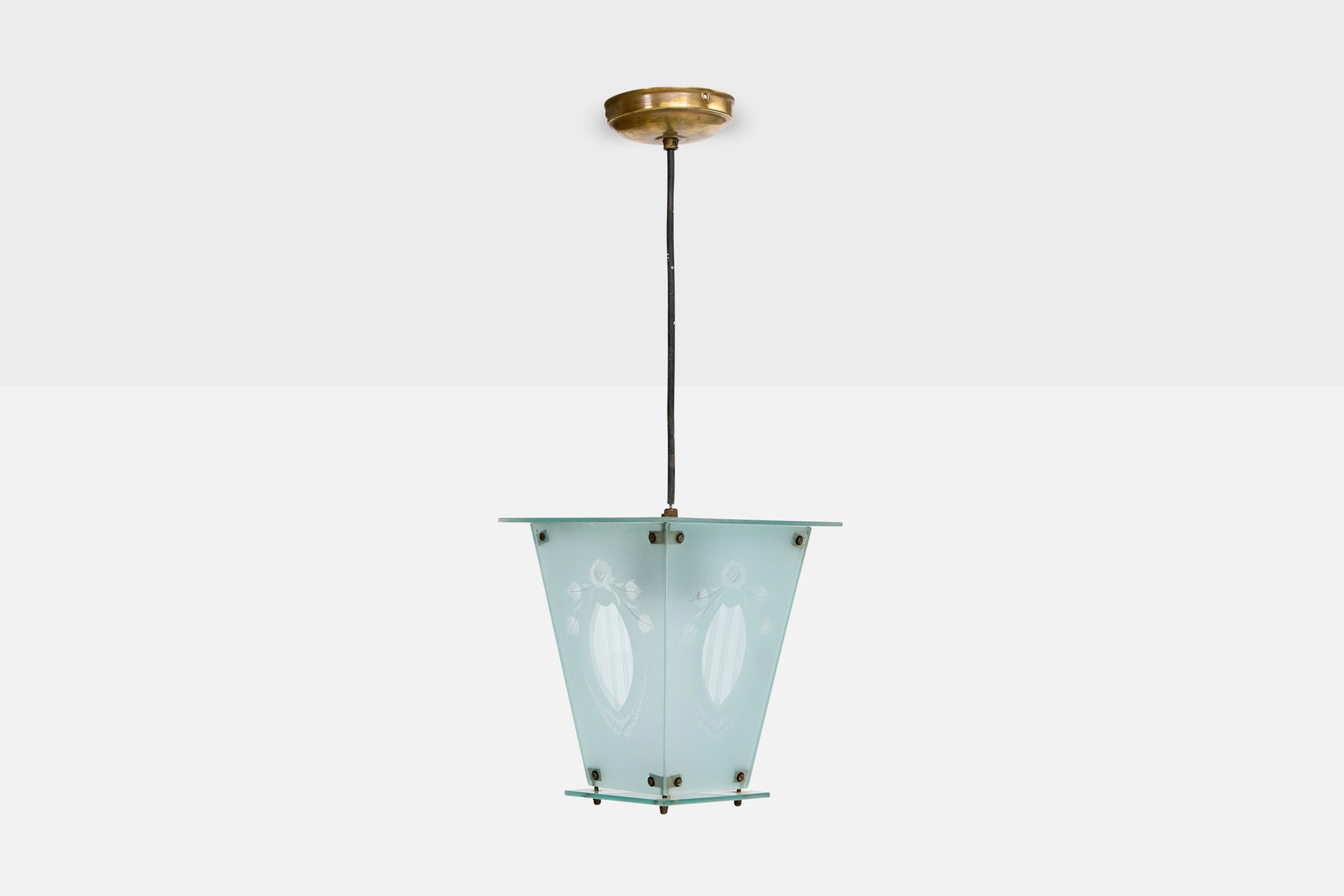 Italiano Designer italiano, lampada a sospensione, ottone, vetro, Italia, anni '40 in vendita