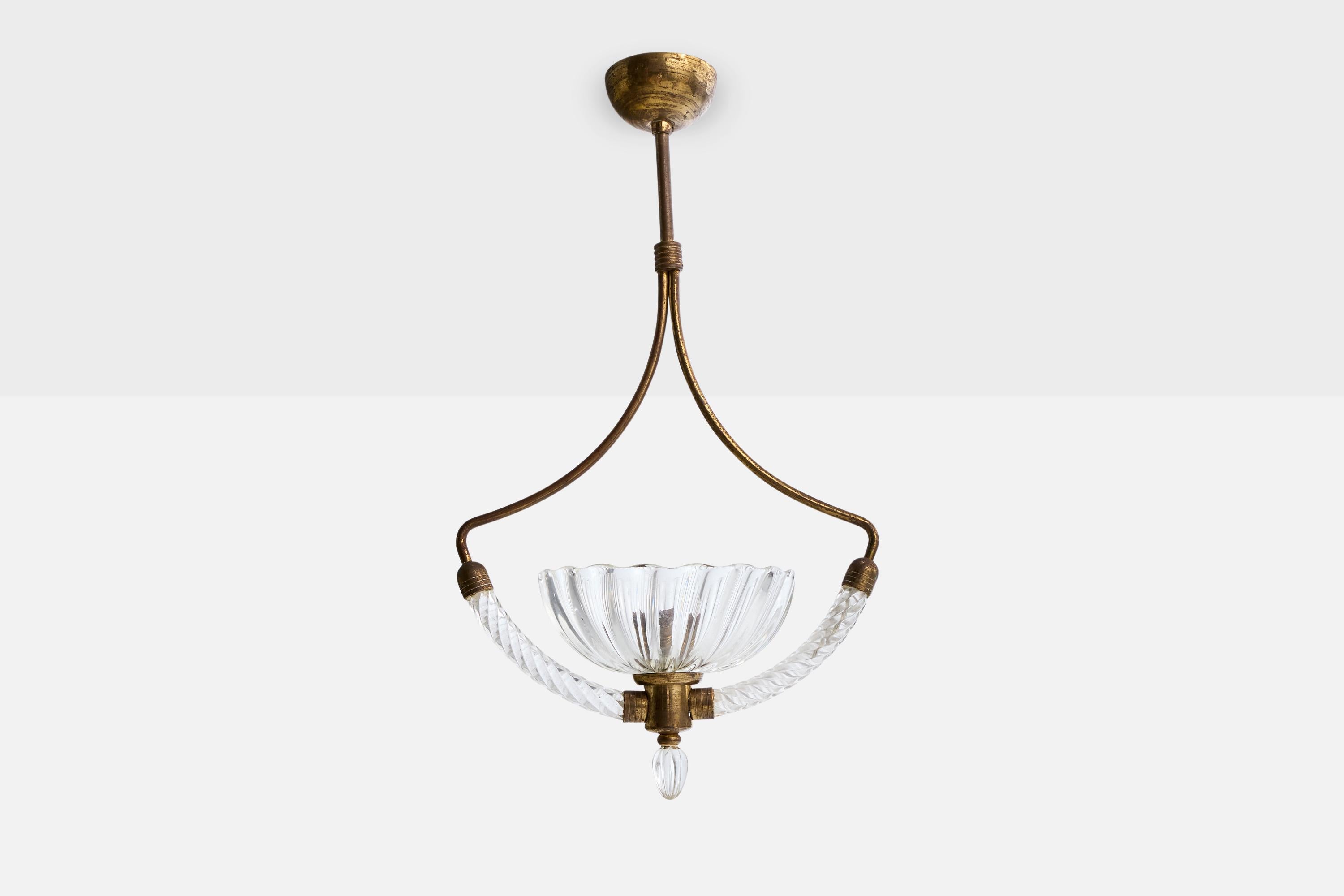 Mid-Century moderno Designer italiano, lampada a sospensione, ottone, vetro, Italia, anni '40 in vendita