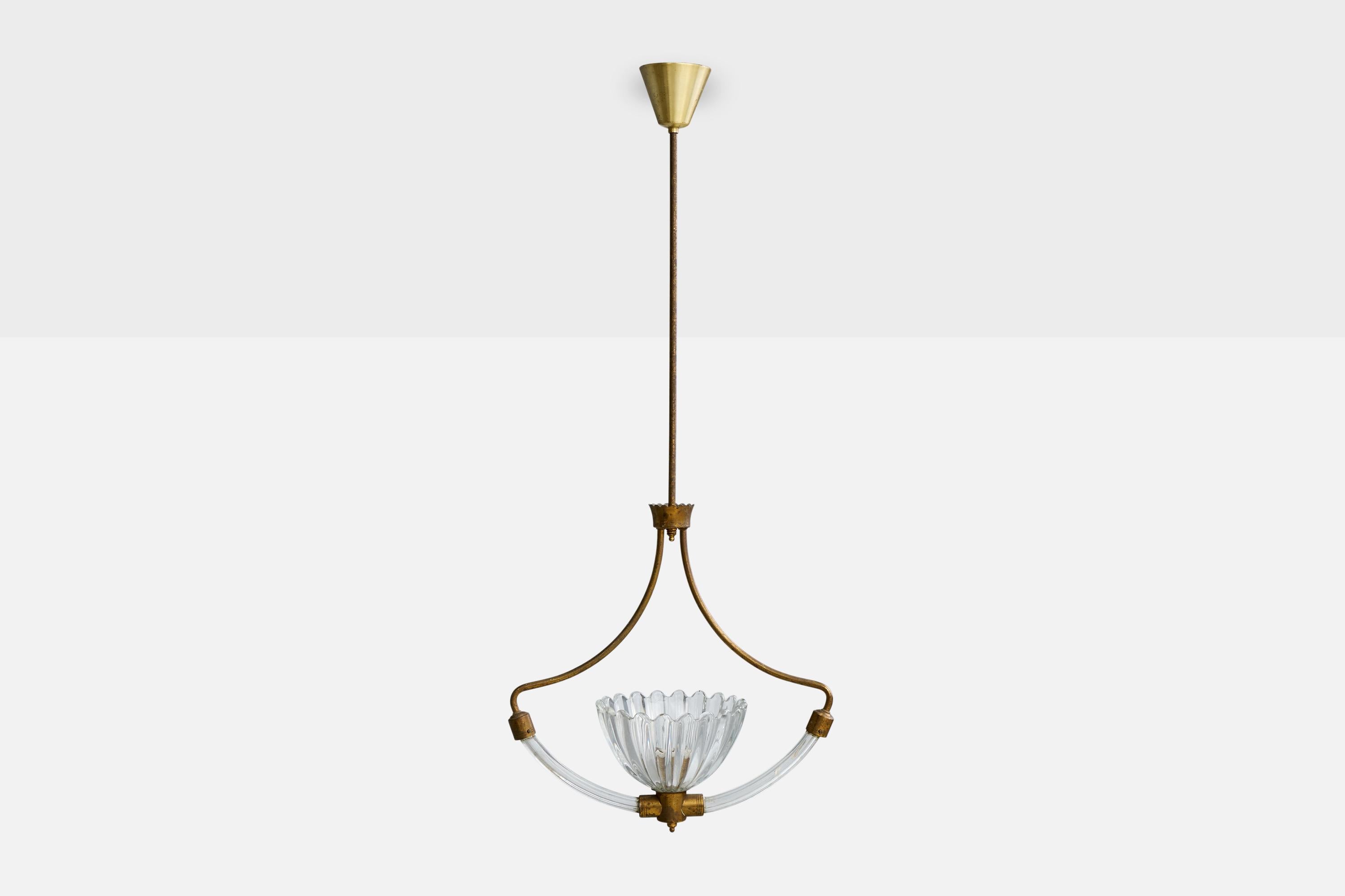 Italian Designer, Pendant Light, Brass, Glass, Italy, 1940s In Good Condition For Sale In High Point, NC