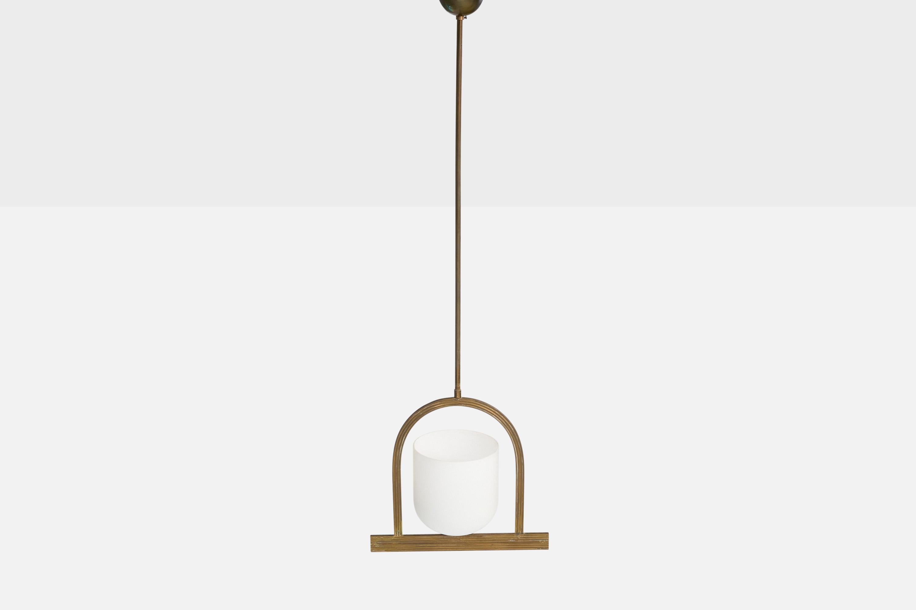 Mid-20th Century Italian Designer, Pendant Light, Brass, Glass, Italy, 1940s For Sale
