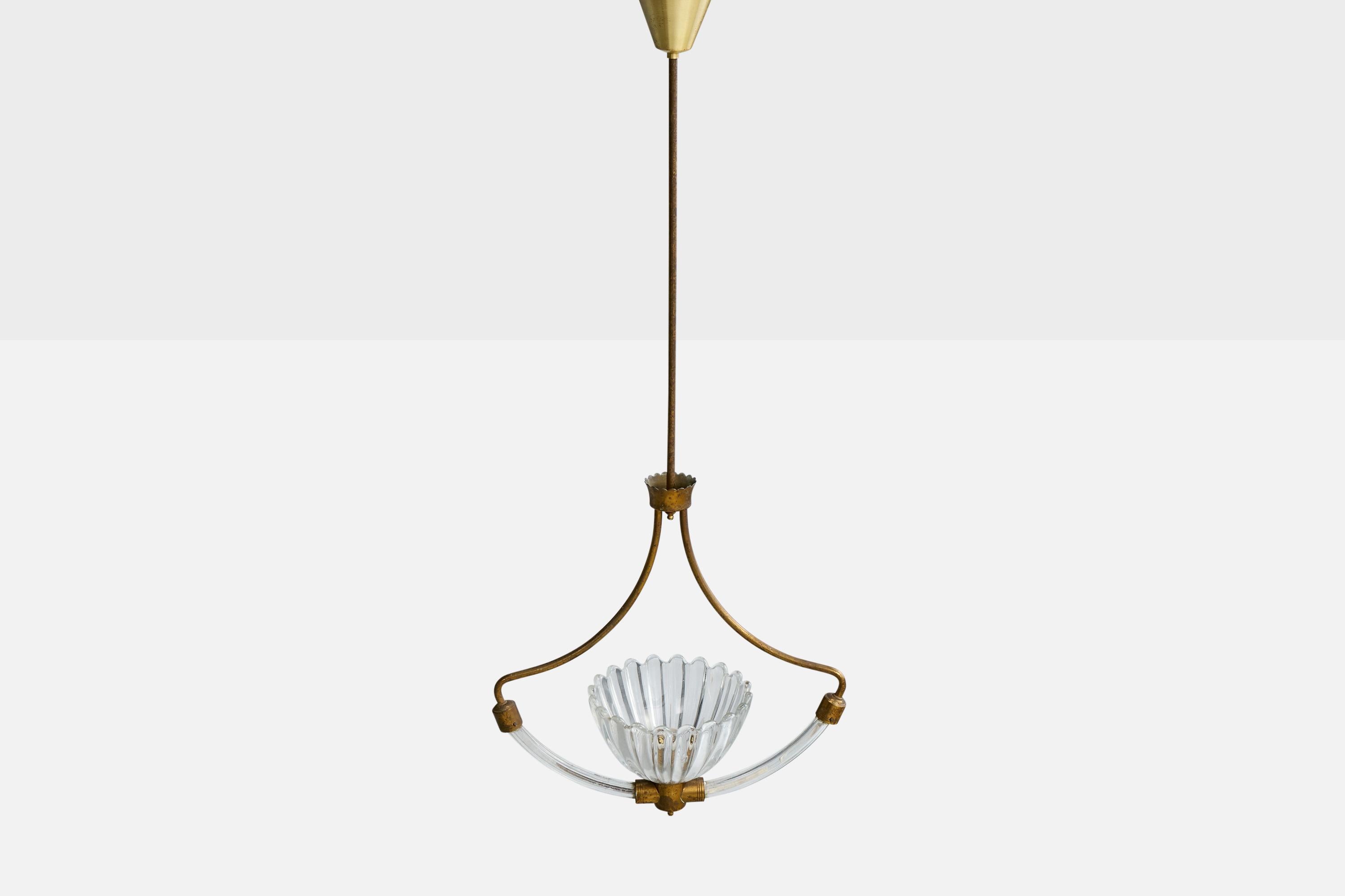 Mid-20th Century Italian Designer, Pendant Light, Brass, Glass, Italy, 1940s For Sale