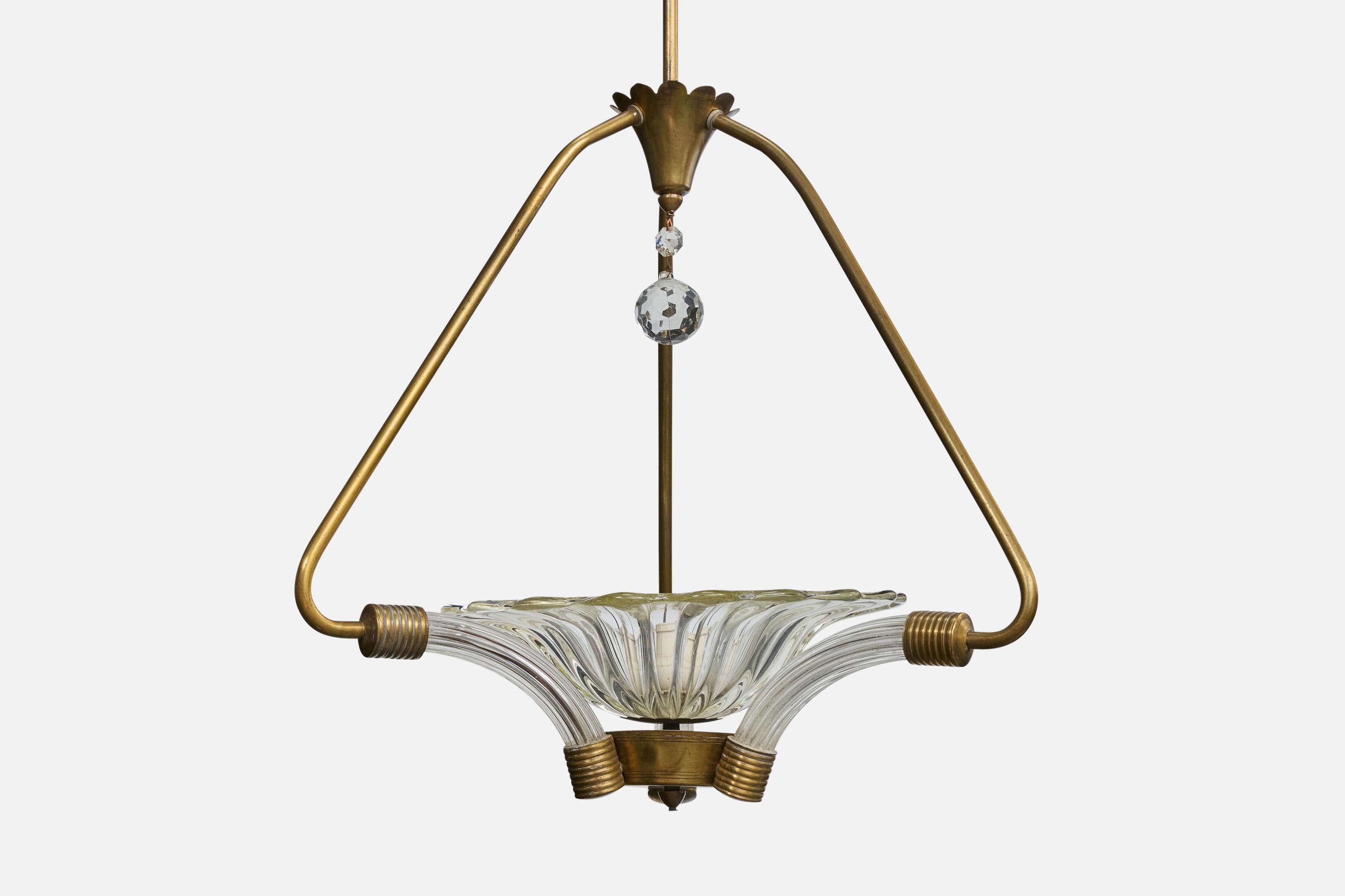 Diseñador italiano, Lámpara colgante, Latón, Cristal, Italia, Década de 1940 Italiano en venta