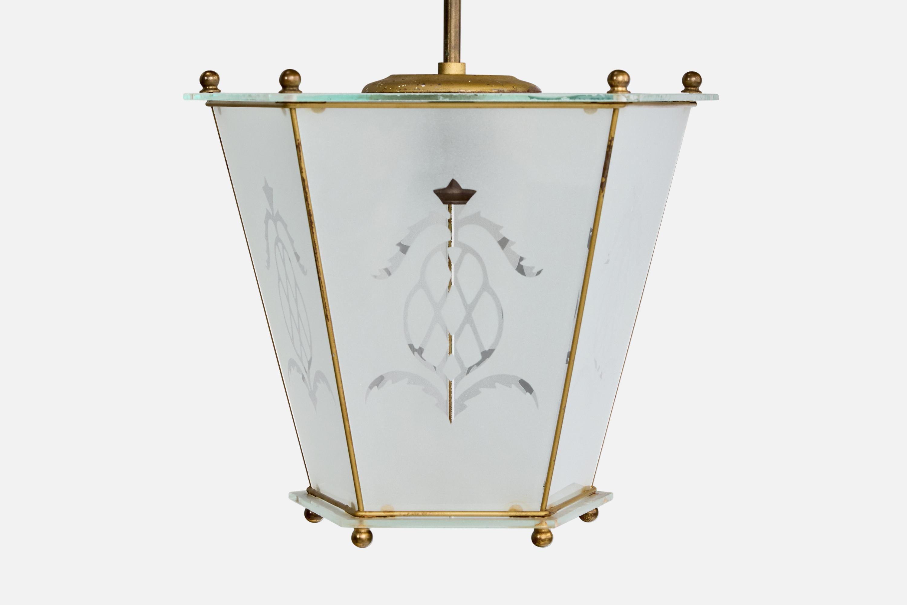 Laiton Lampe à suspension italienne, laiton, verre, Italie, années 1940 en vente