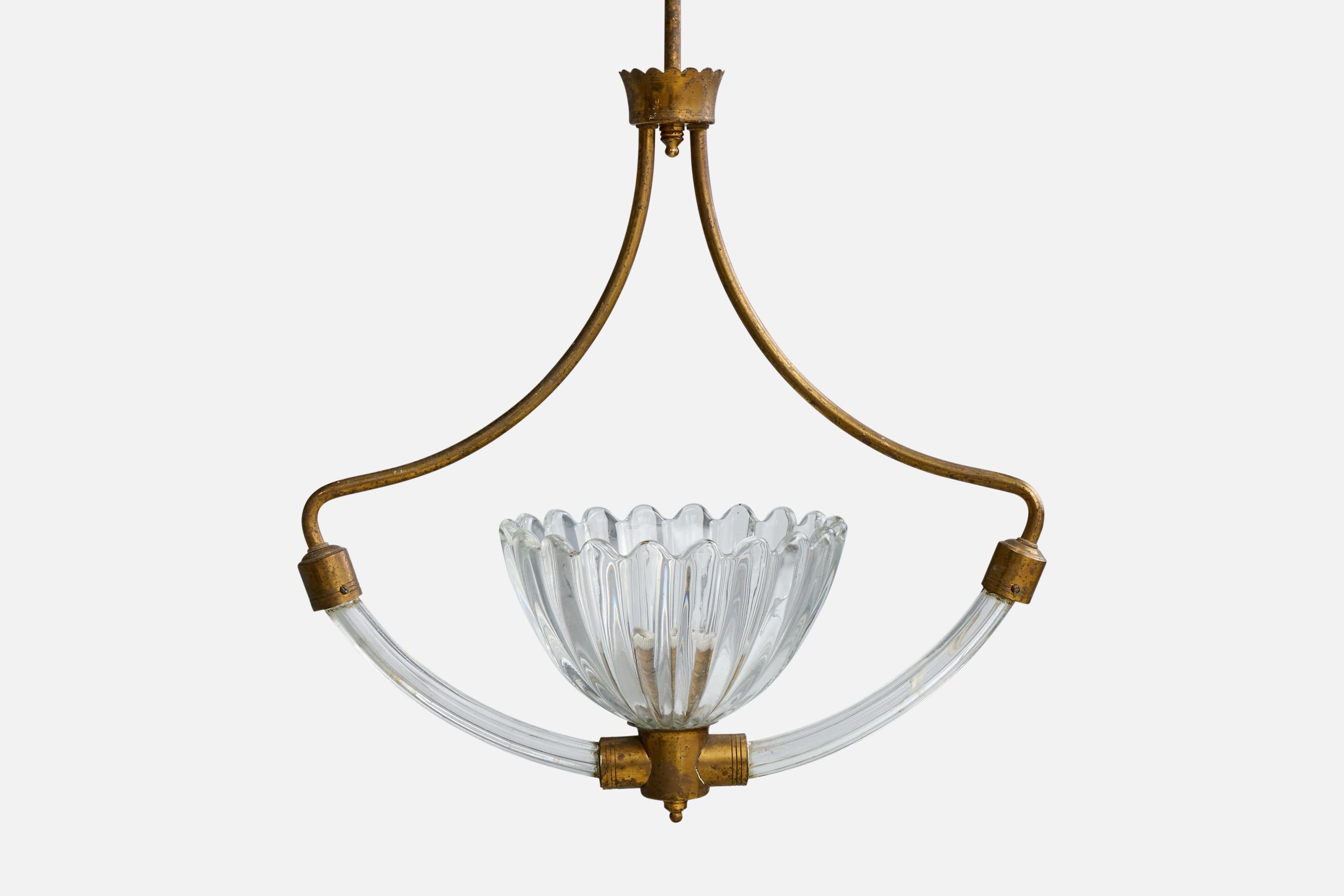 Italian Designer, Pendant Light, Brass, Glass, Italy, 1940s For Sale 1