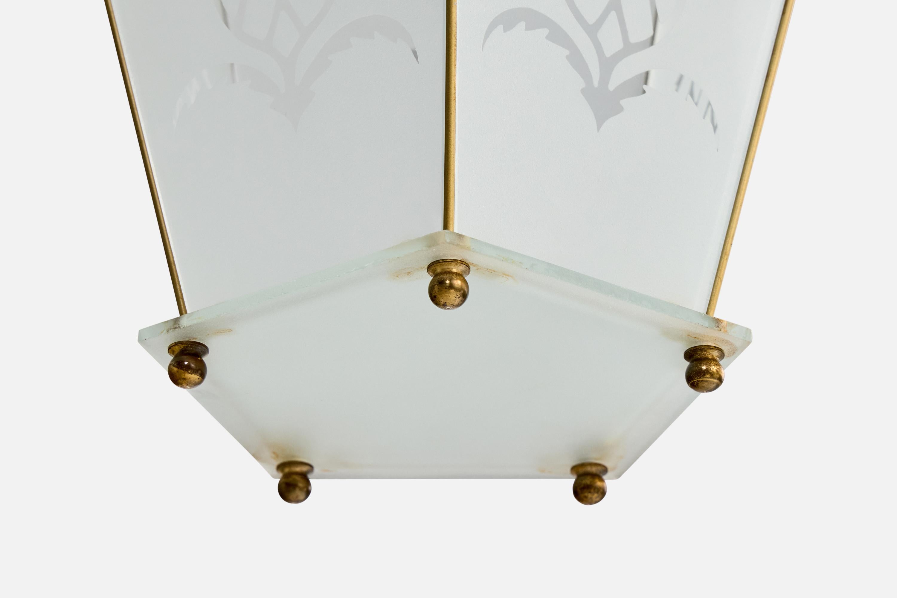 Lampe à suspension italienne, laiton, verre, Italie, années 1940 en vente 1