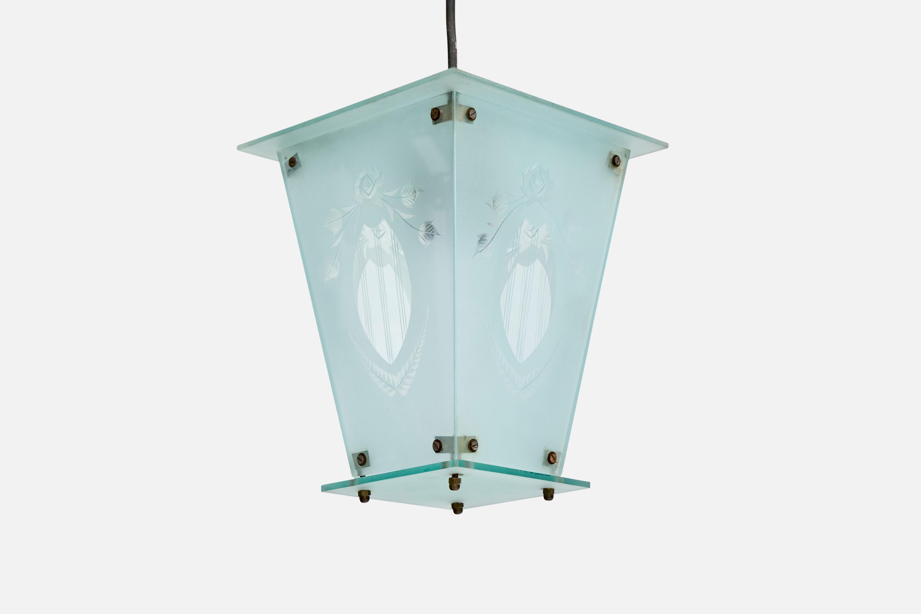 Ottone Designer italiano, lampada a sospensione, ottone, vetro, Italia, anni '40 in vendita