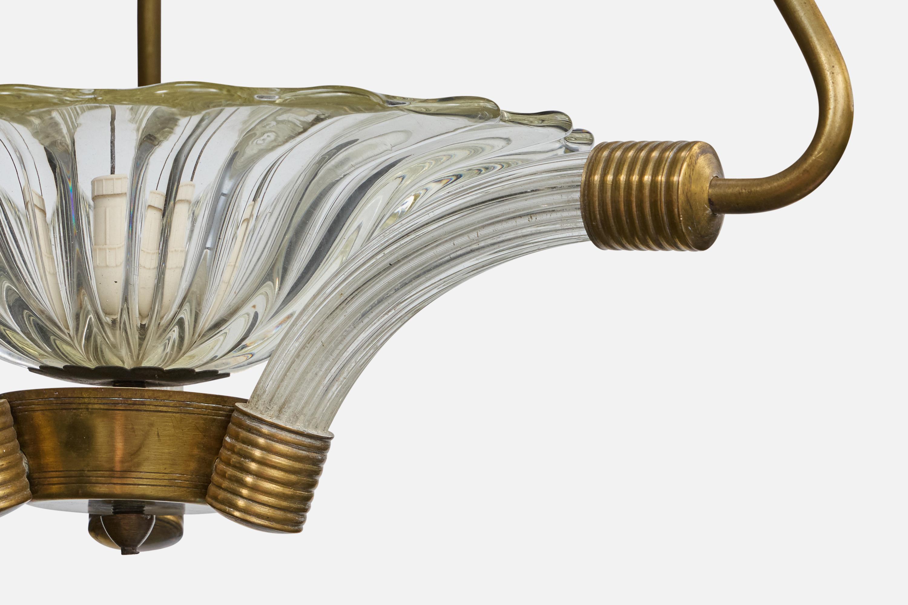 Diseñador italiano, Lámpara colgante, Latón, Cristal, Italia, Década de 1940 mediados del siglo XX en venta