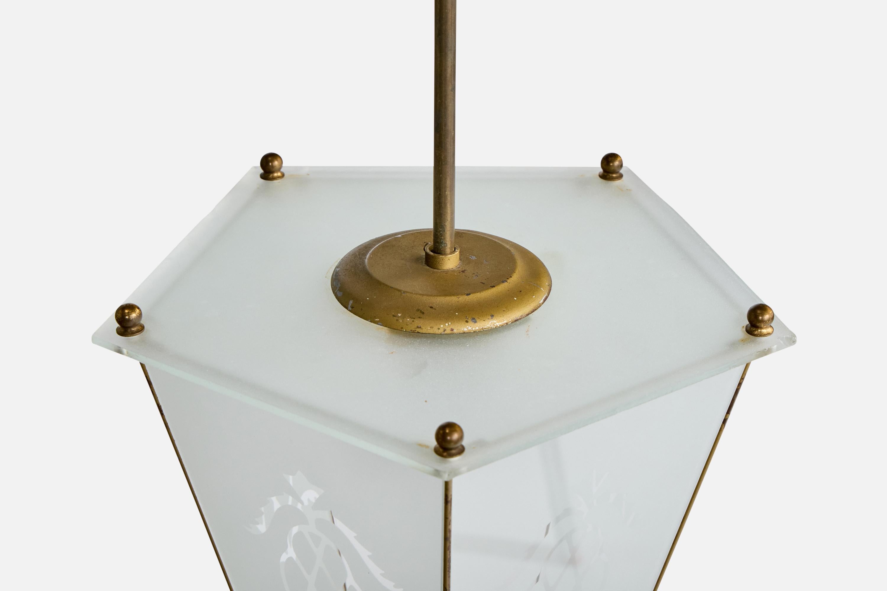 Lampe à suspension italienne, laiton, verre, Italie, années 1940 en vente 4