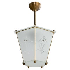 Italian Designer, Pendant Light, Brass, Glass, Italy, 1940s