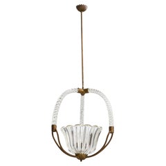 Italian Designer, Pendant Light, Brass, Glass, Italy, 1940s