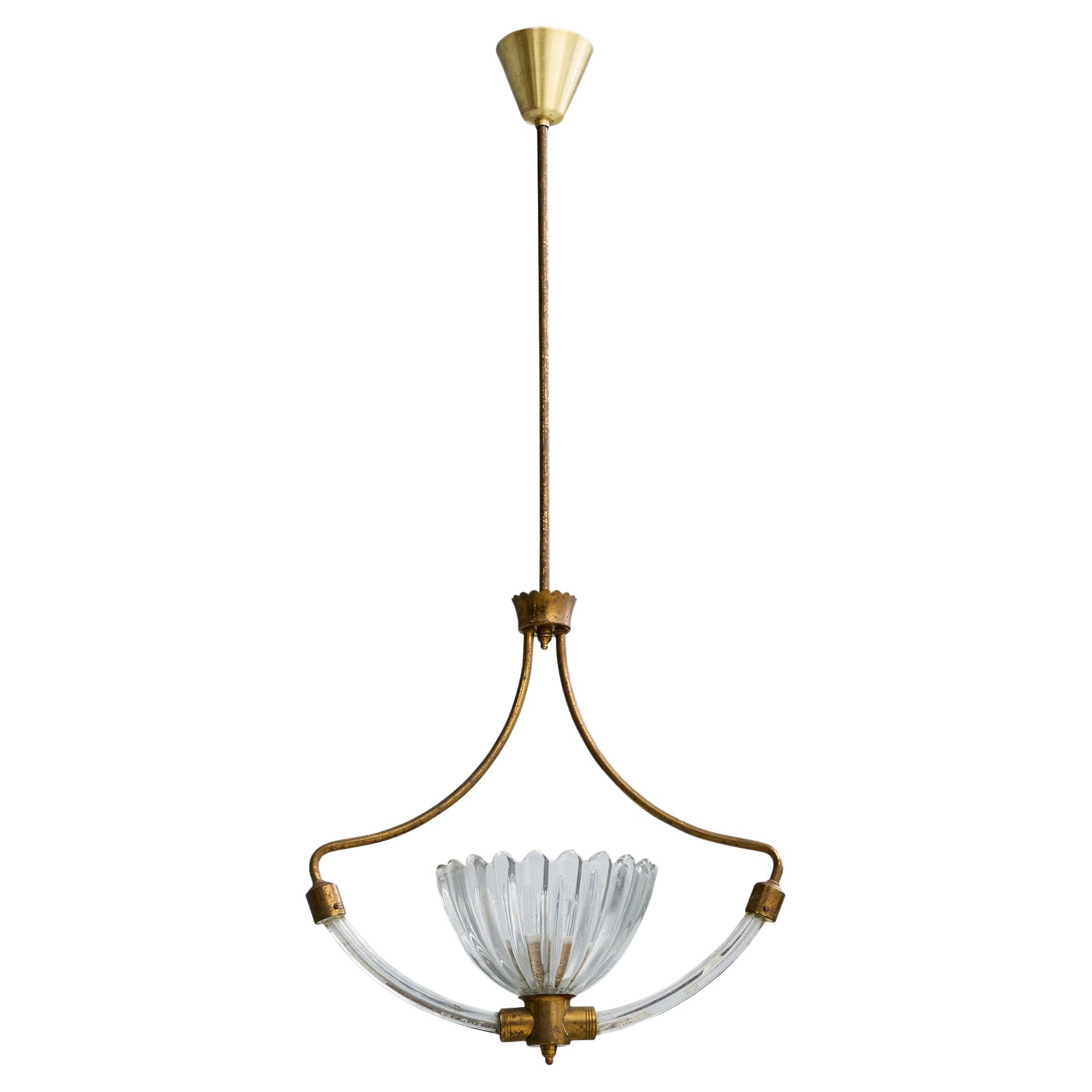 Italian Designer, Pendant Light, Brass, Glass, Italy, 1940s For Sale