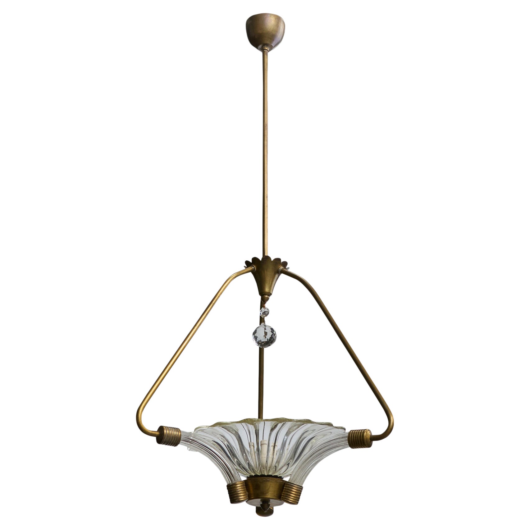 Designer italiano, lampada a sospensione, ottone, vetro, Italia, anni '40