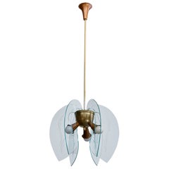 Italian Designer, Pendant Light, Brass, Glass, Italy, 1940s