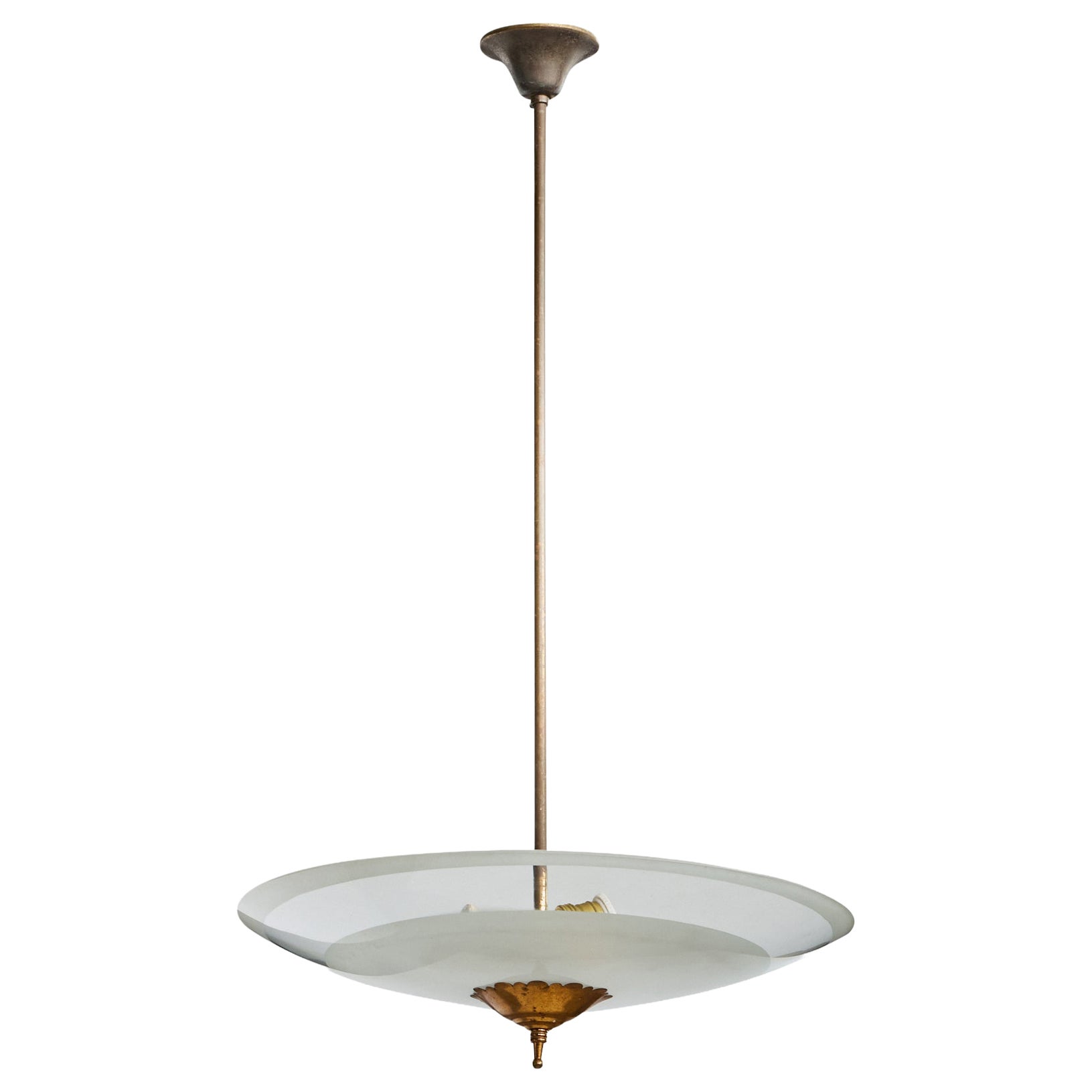 Italian Designer, Pendant Light, Brass, Glass, Italy, 1940s