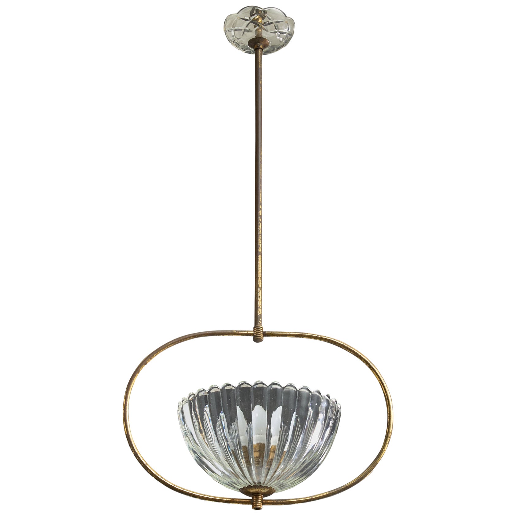 Italian Designer, Pendant Light, Brass, Glass, Italy, 1940s