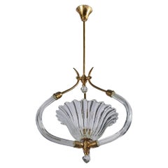 Italian Designer, Pendant Light, Brass, Glass, Italy, 1950s