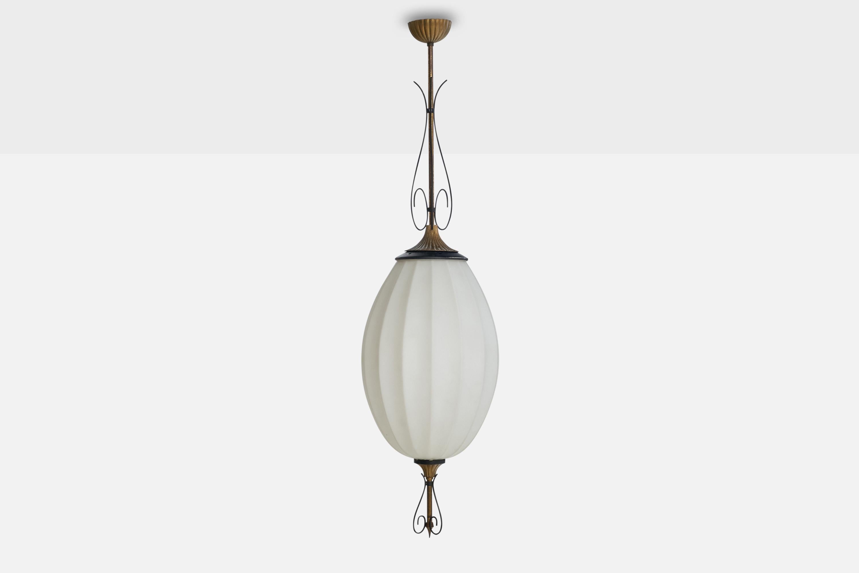 Italian Designer, Pendant Light, Brass,  Metal, Glass, Italy, 1930s In Good Condition For Sale In High Point, NC