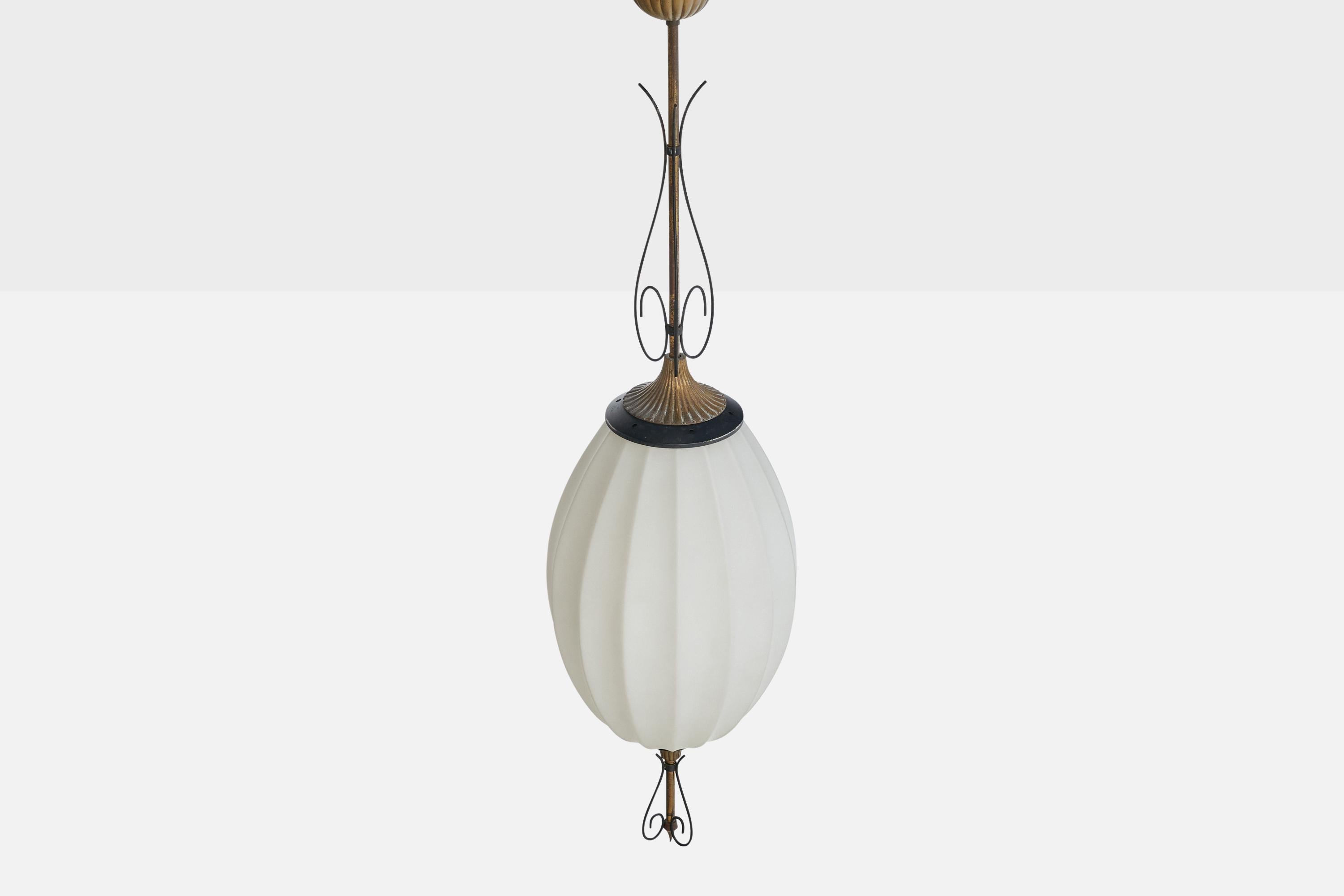Mid-20th Century Italian Designer, Pendant Light, Brass,  Metal, Glass, Italy, 1930s For Sale