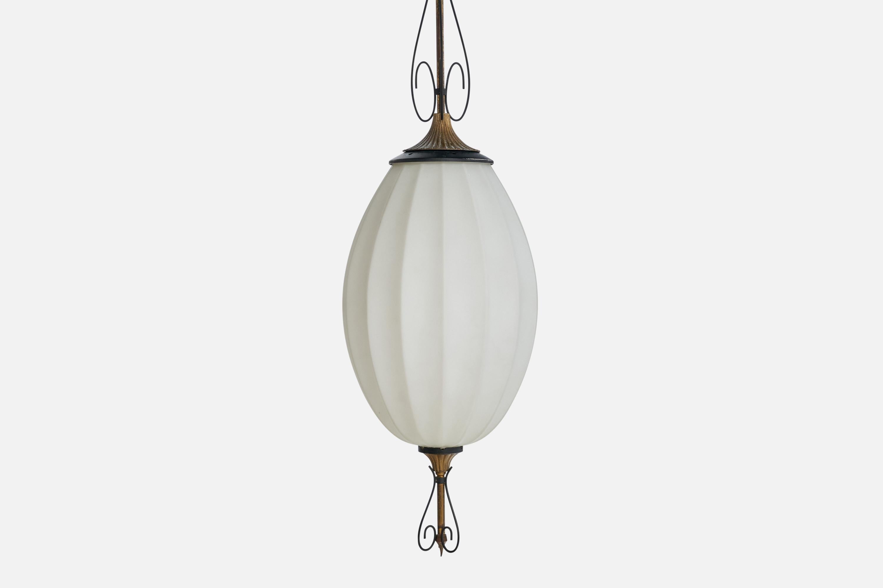 Italian Designer, Pendant Light, Brass,  Metal, Glass, Italy, 1930s For Sale 1