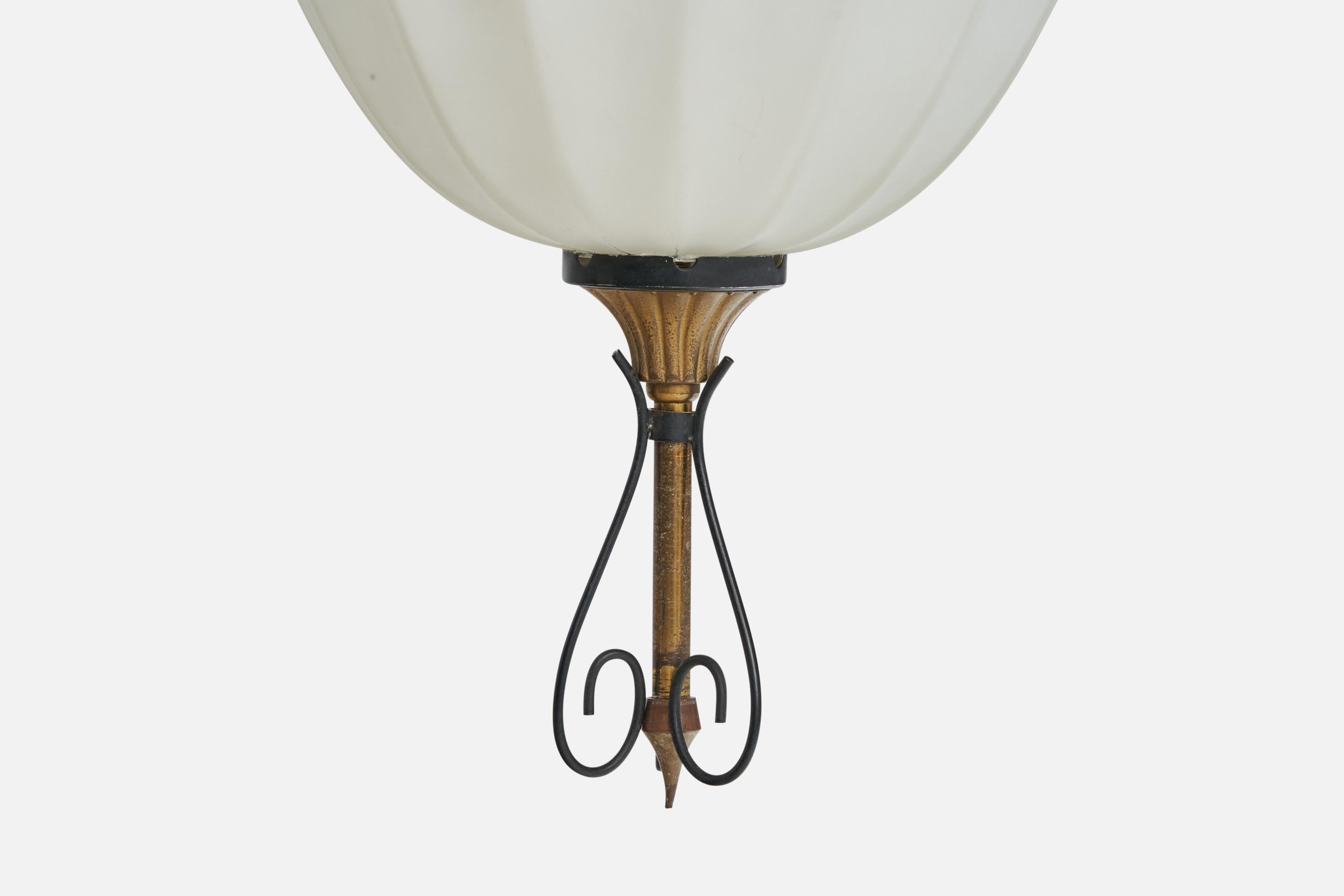 Italian Designer, Pendant Light, Brass,  Metal, Glass, Italy, 1930s For Sale 2