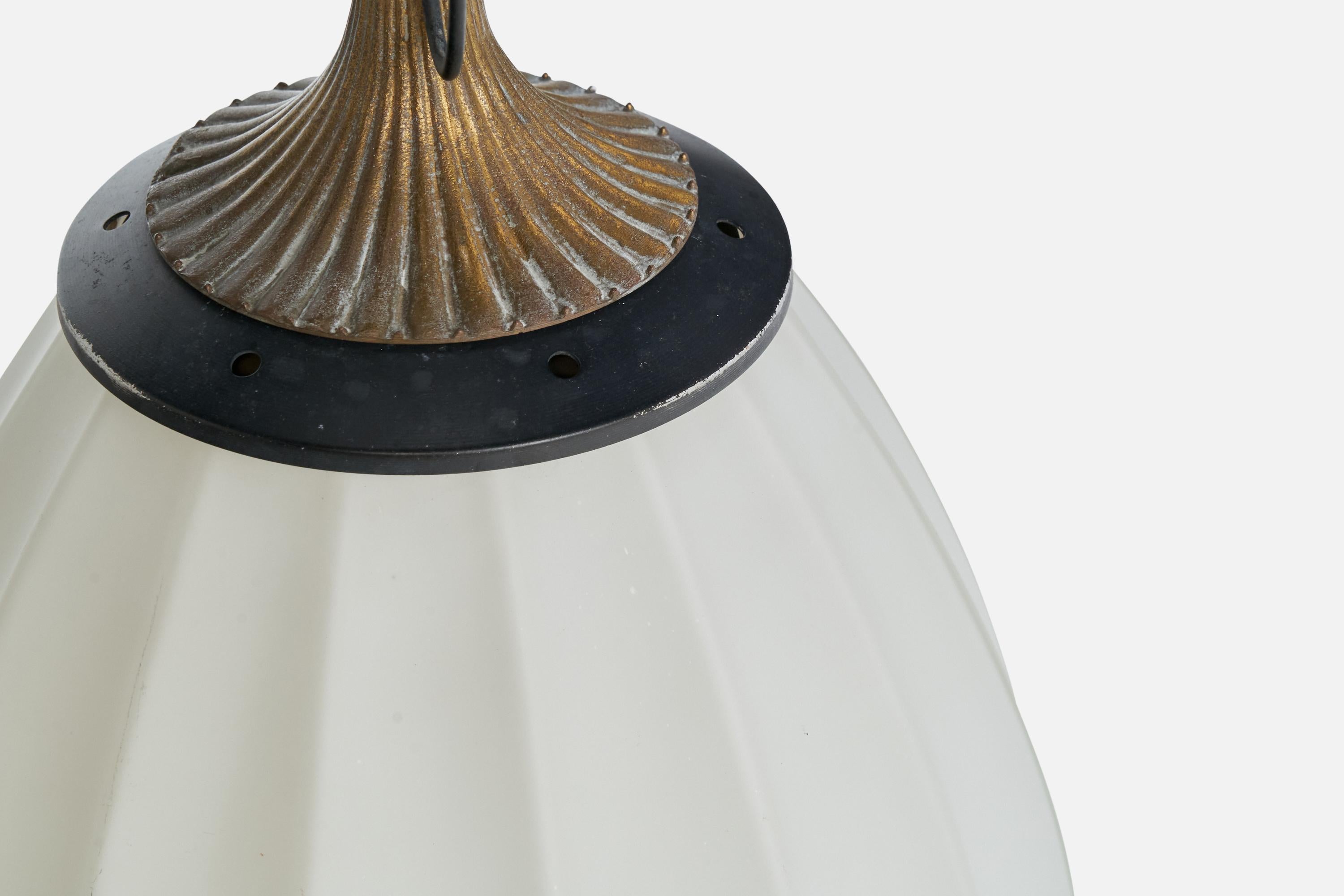 Italian Designer, Pendant Light, Brass,  Metal, Glass, Italy, 1930s For Sale 4