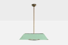Italian Designer, Pendant Light, Brass, Metal, Glass, Italy, 1950s