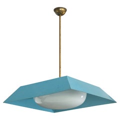 Italian Designer, Pendant Light, Brass, Metal, Glass, Italy, 1950s