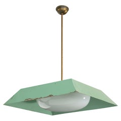 Italian Designer, Pendant Light, Brass, Metal, Glass, Italy, 1950s